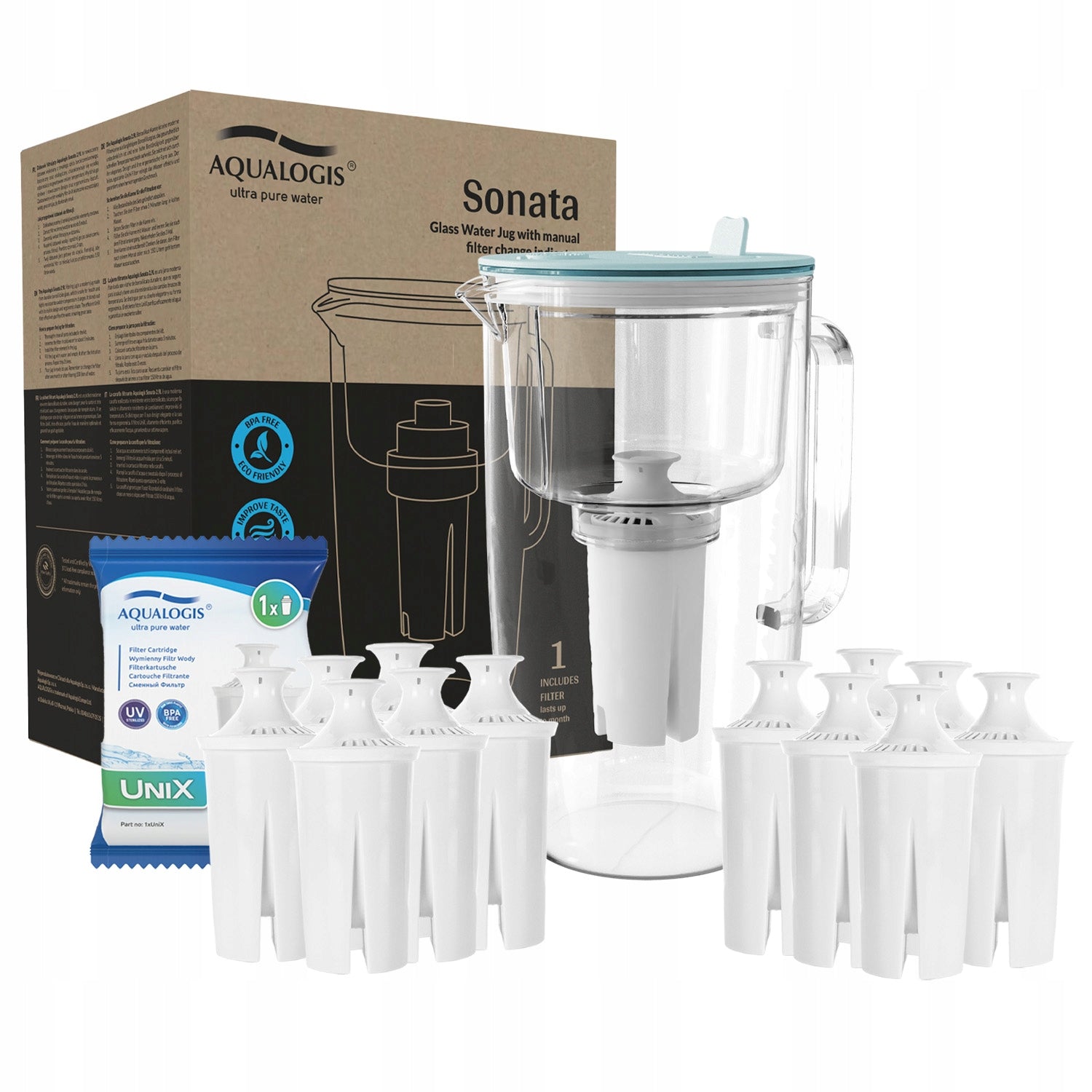 Glass Filter Jug Blue Sonata + 12 UniX Water Cartridges
