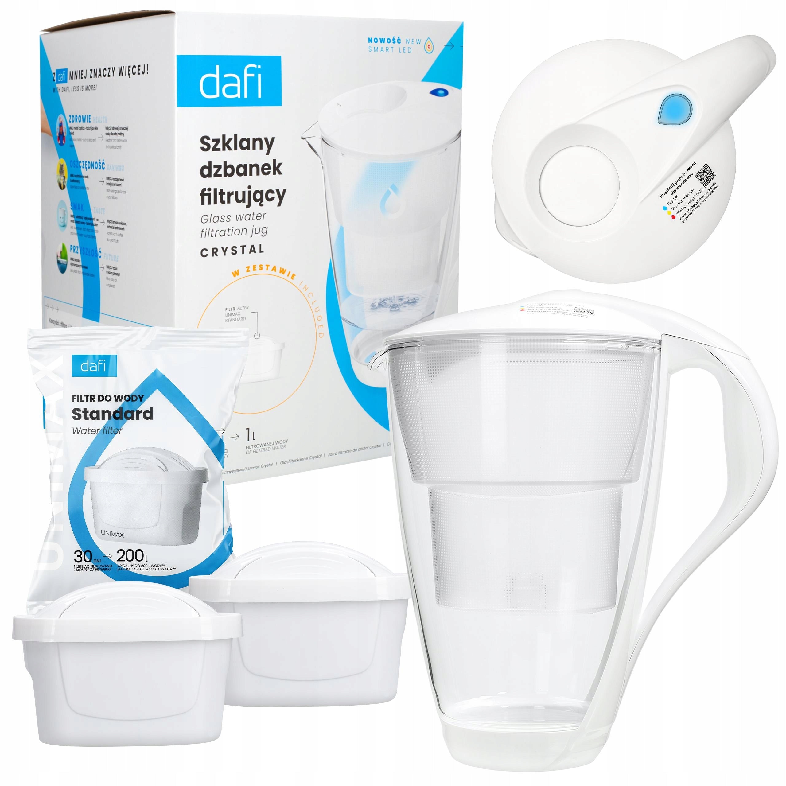 Glass Filter Jug DAFI UNIMAX LED 2L + 3x Filter Water Cartridge DAFI