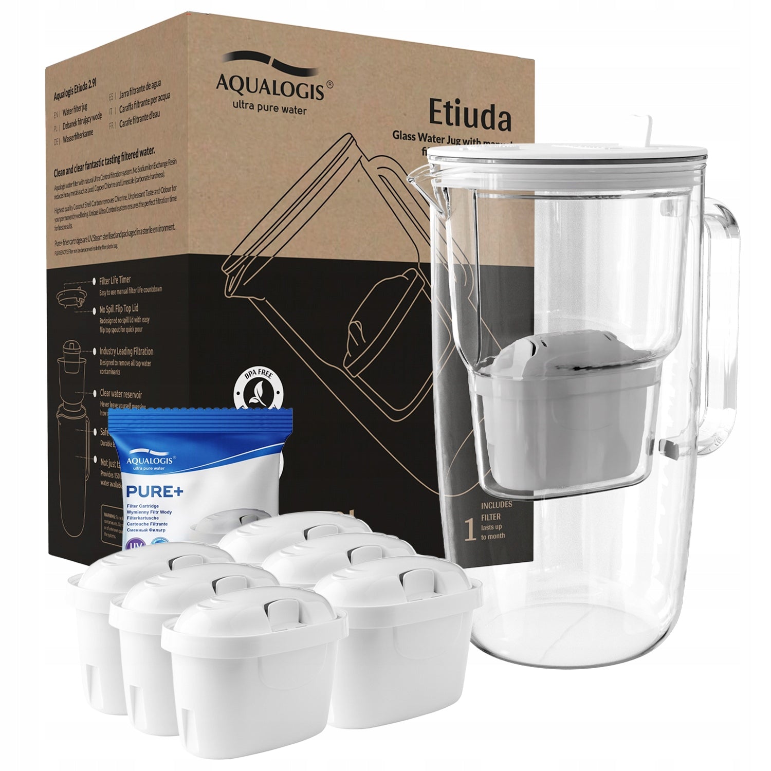 Glass Filter Jug White Etude + 6 Pure+ Water Cartridges