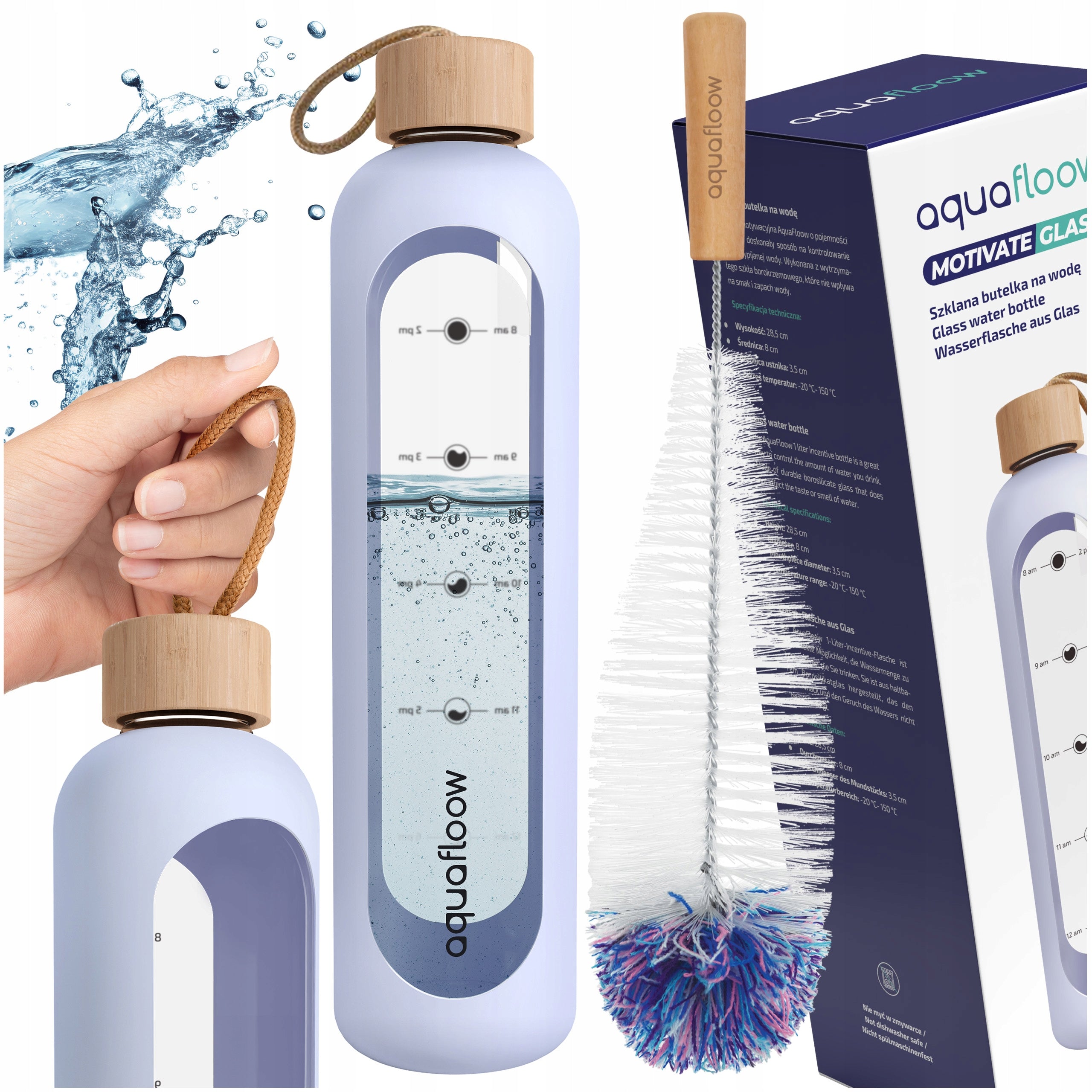 Glass Water Bottle 1l Silicone Pouch Cleaning Brush