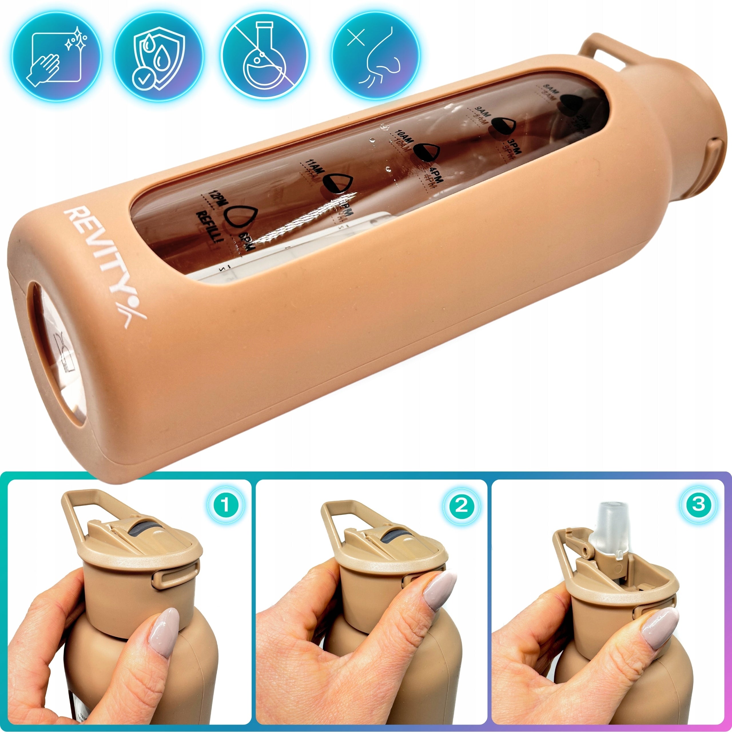 Glass Water Bottle with Automatic Mouthpiece Bottle Silicone Pouch Beige Brand Revity