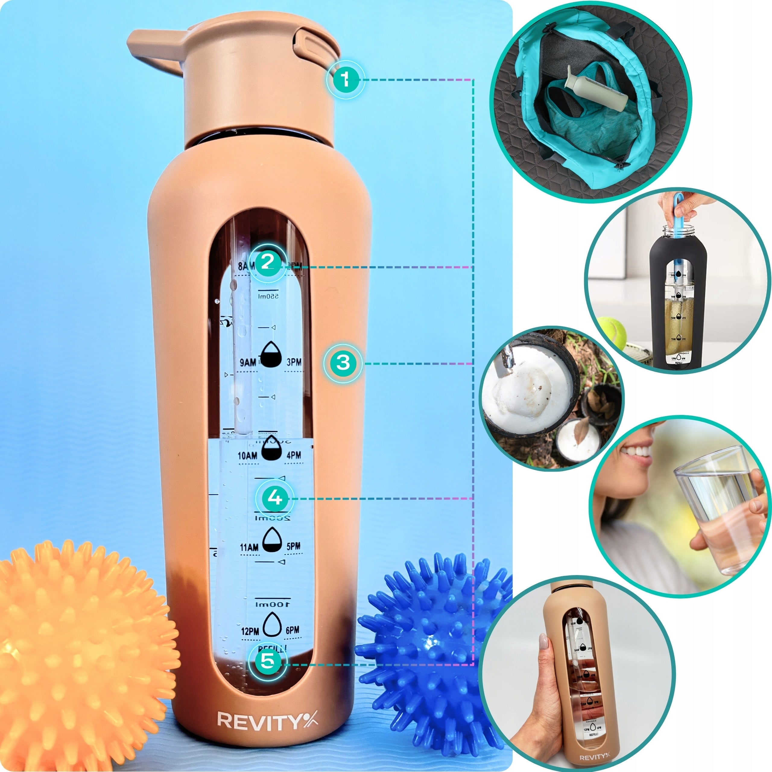 Glass Water Bottle with Automatic Mouthpiece Bottle Silicone Pouch Beige Volume 700 ml