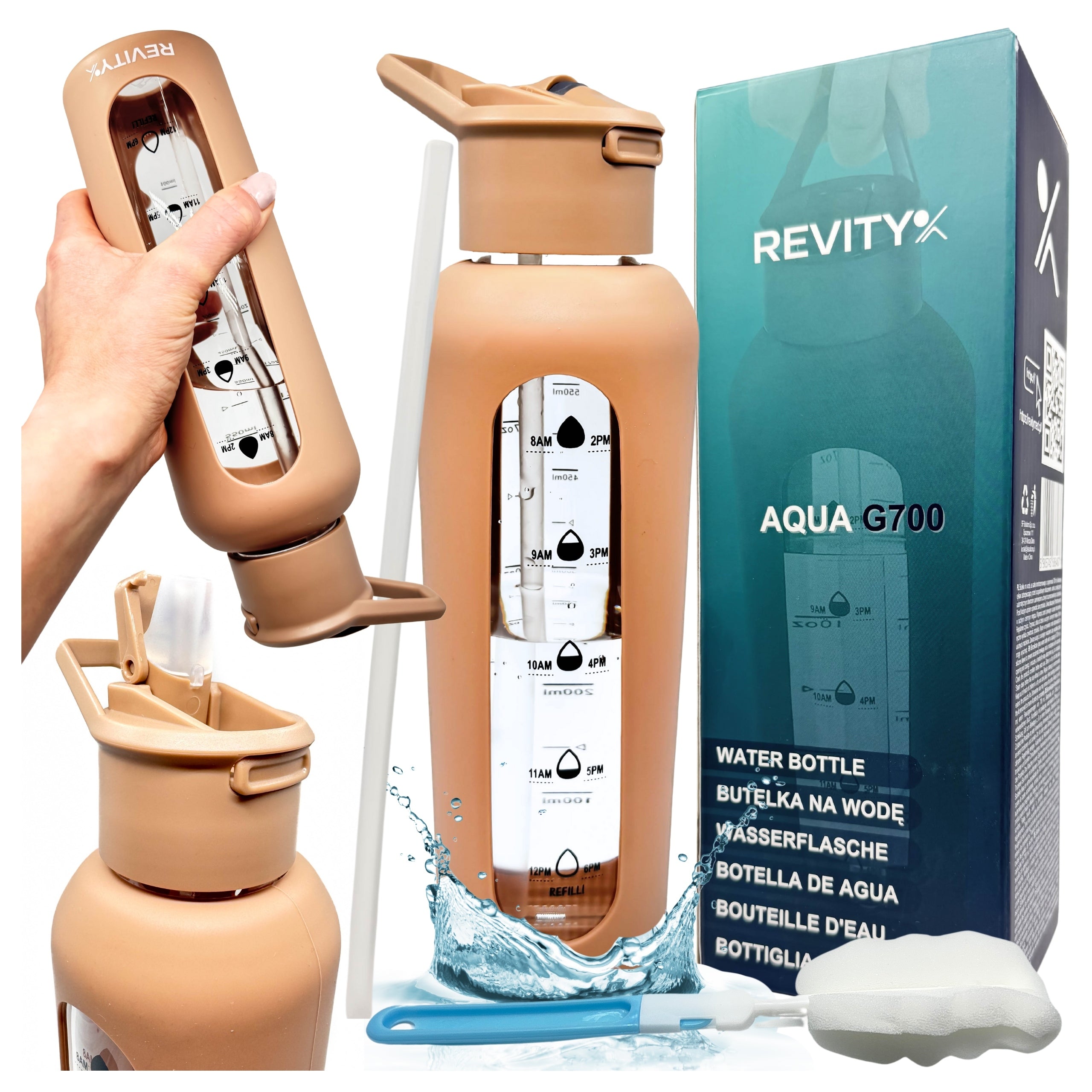 Glass Water Bottle with Automatic Mouthpiece Bottle Silicone Pouch Beige