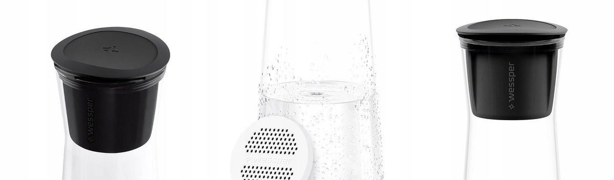 Glass Water and Beverage Decanter WESSPER 1L with 10 Filters for Faucet Water Brand Wessper