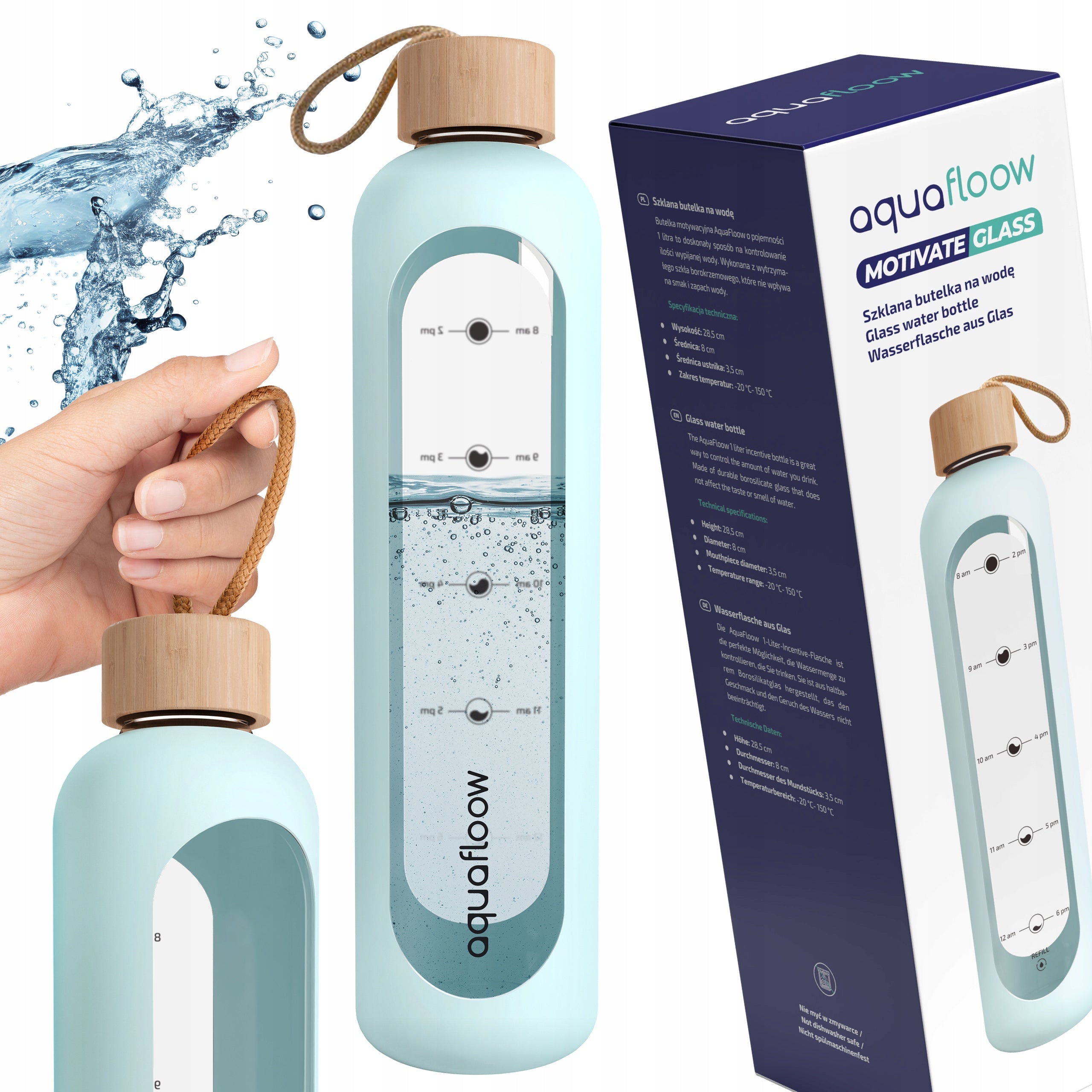 Glass bottle 1l motivational water with measuring cup gym AquaFloow 1L