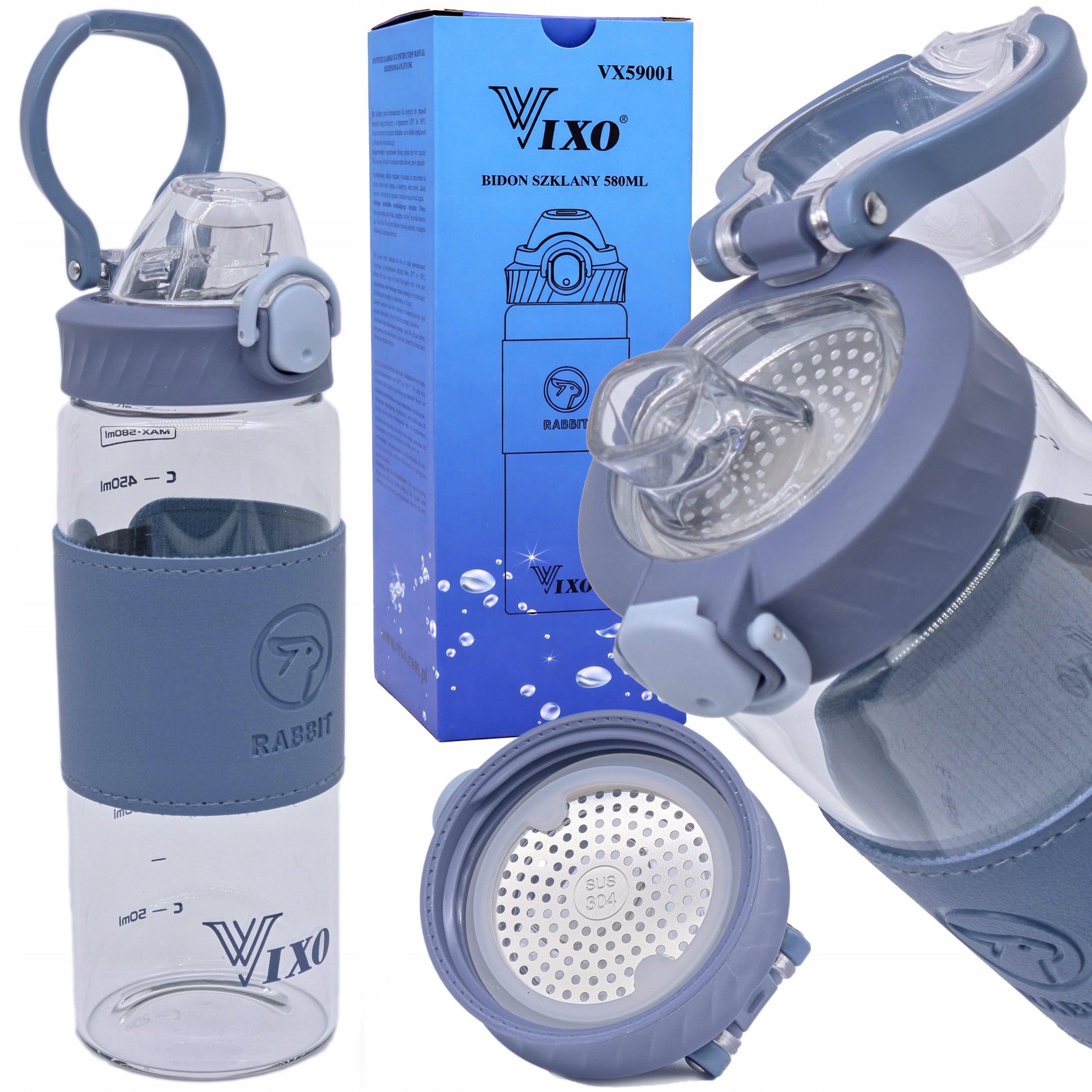 Glass bottle 580ml VIXO eco water bottle with glass strainer holder scoop