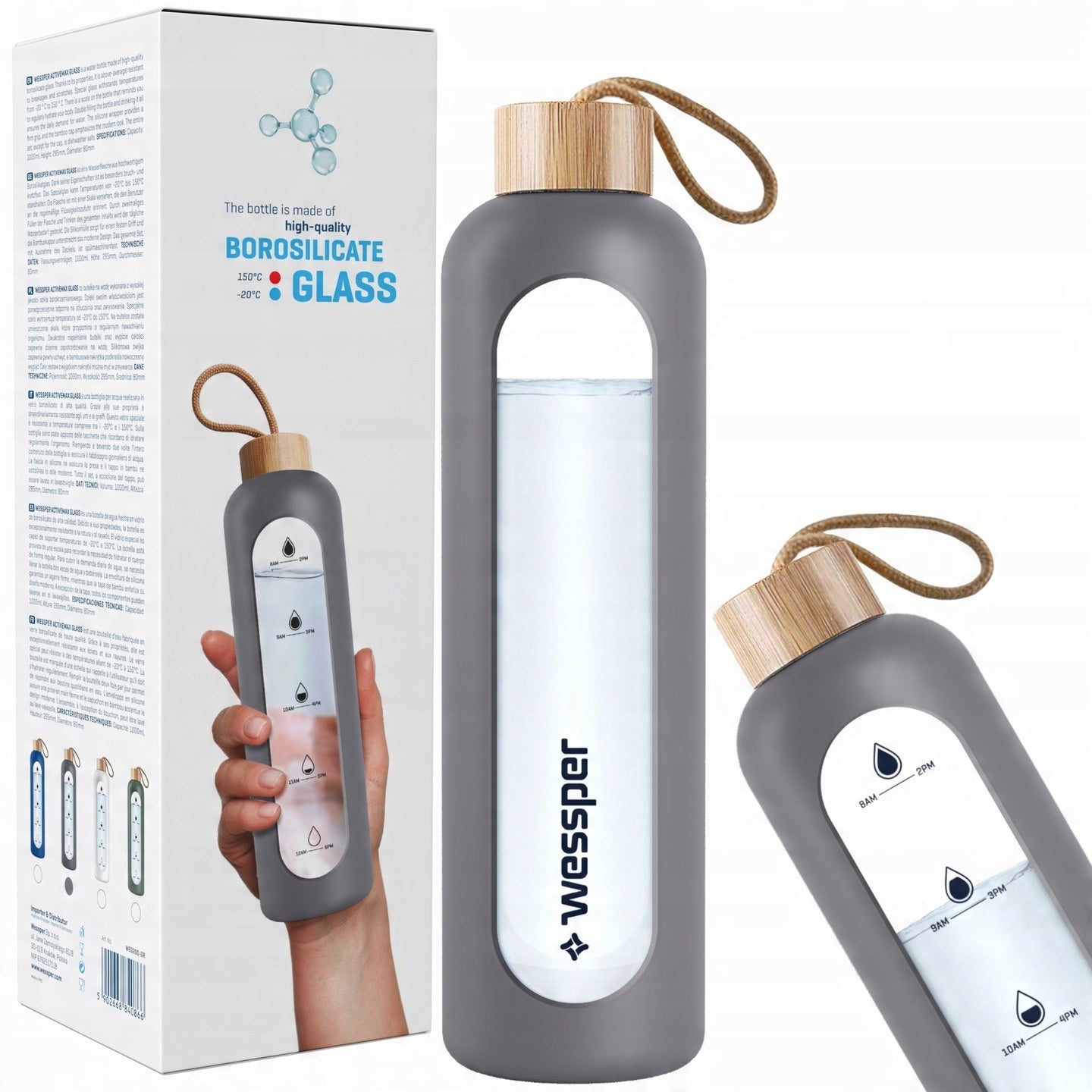 Glass bottle Wessper WES260-GR 1L removable grey silicone cover