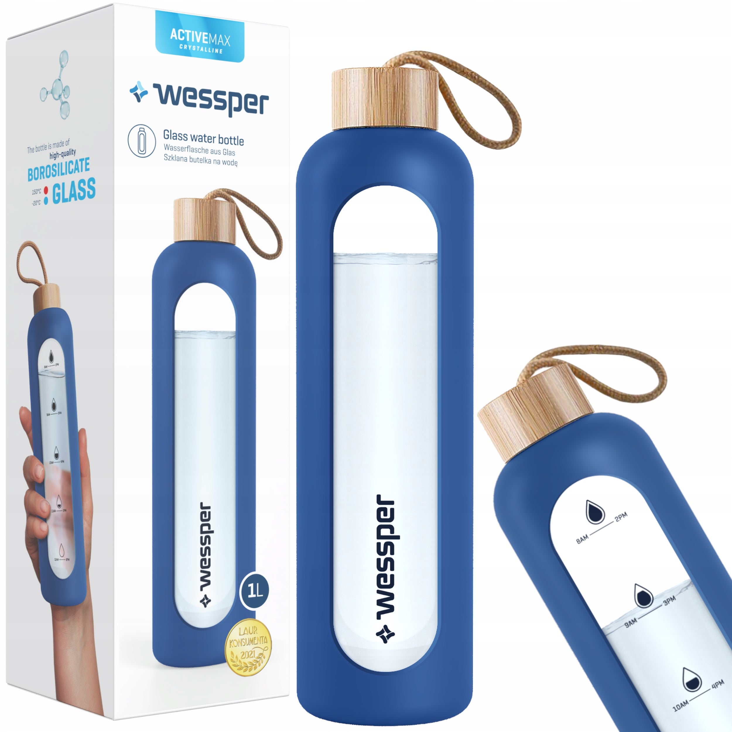 Glass bottle Wessper WES260-NB water bottle blue silicone cover 1L