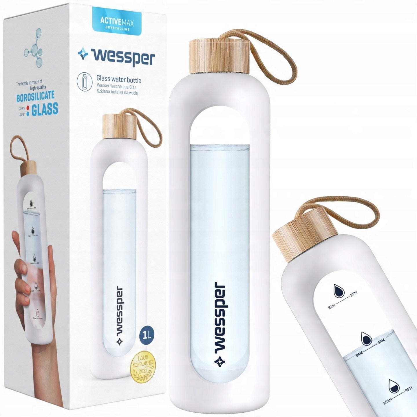 Glass bottle Wessper WES260-WH 1L removable white silicone cover