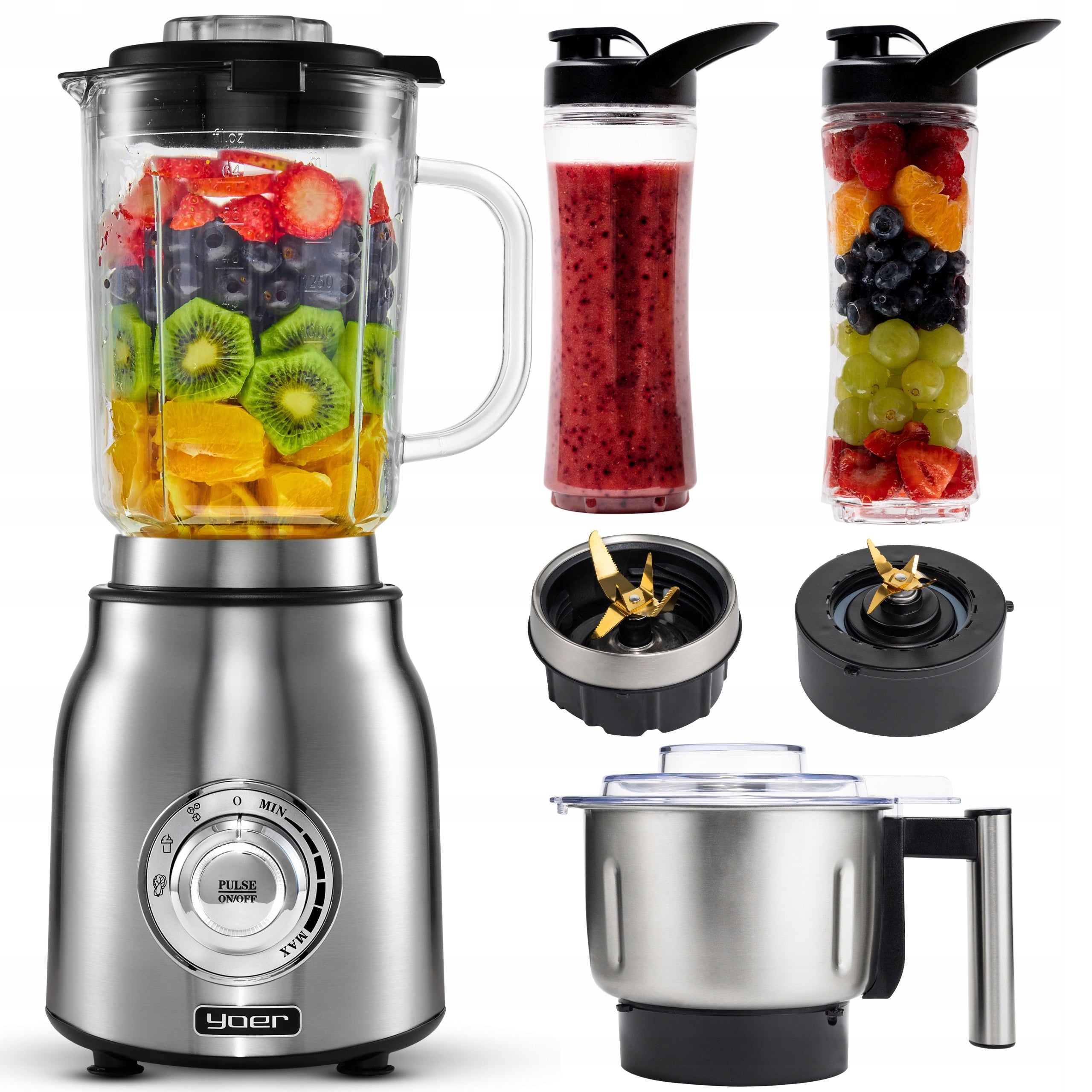 Glass cup blender 4in1 Yoer 2,4L 1800W +steel INOX +Mill +2 Bottles
