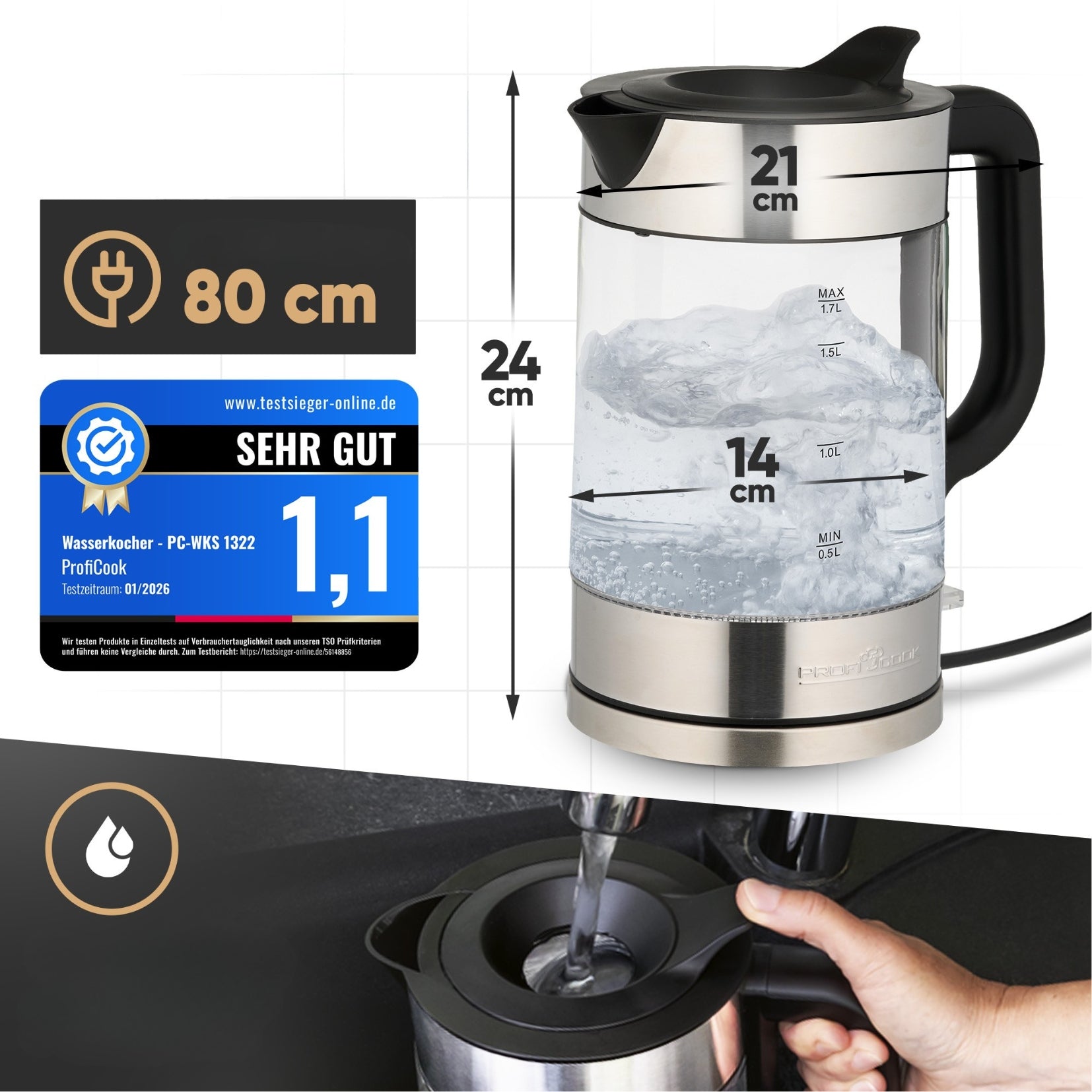Glass electric kettle 1.7 L ProfiCook PC-WKS BPA Free (inox) Manufacturer code PCWKS501322