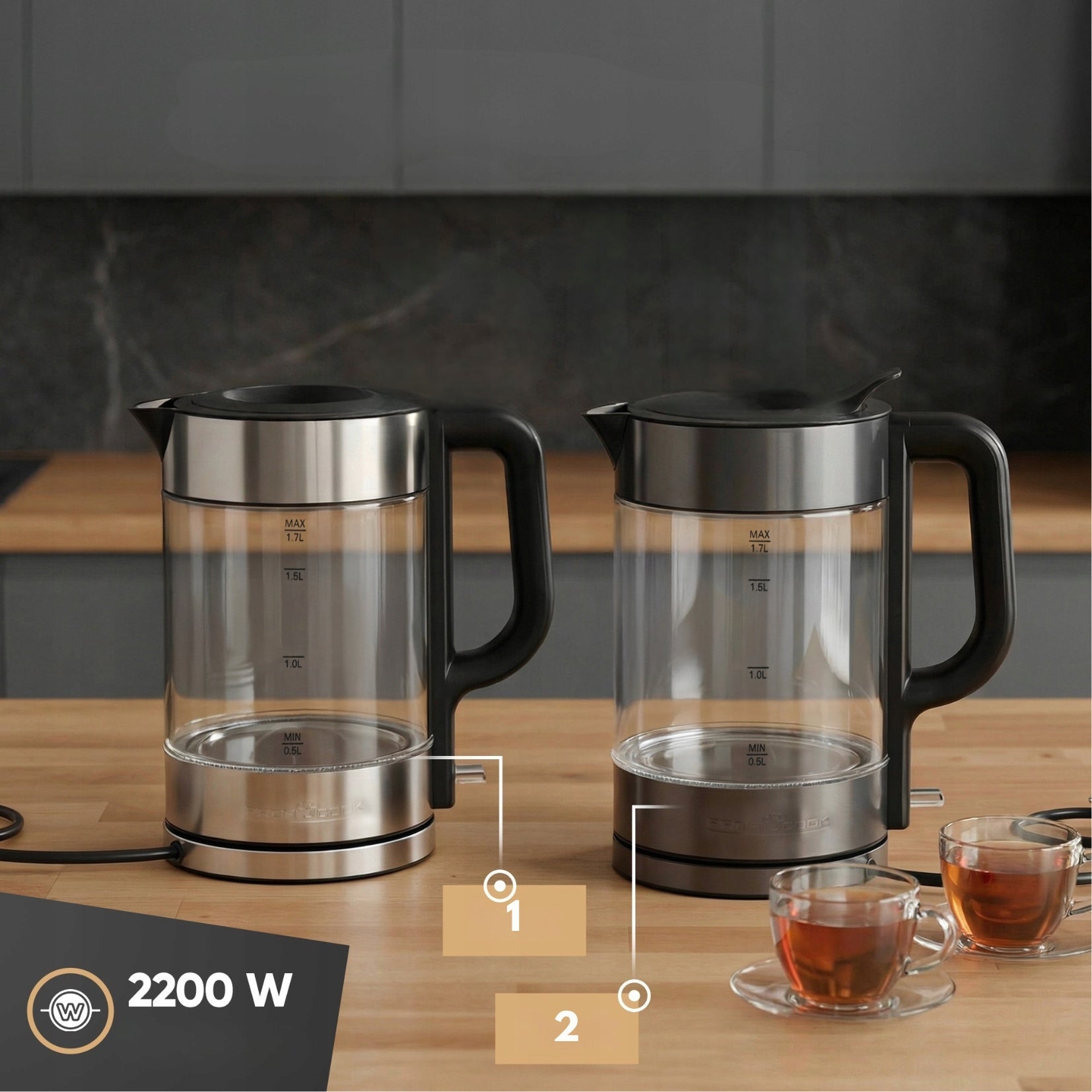 Glass electric kettle 1.7 L ProfiCook PC-WKS BPA Free (inox) Model PCWKS501322