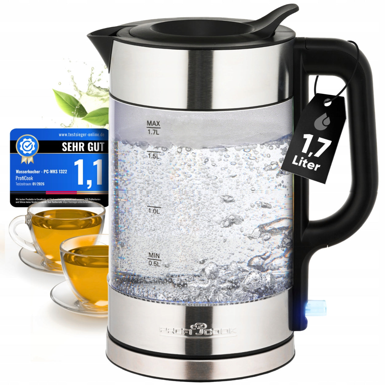 Glass electric kettle 1.7 L ProfiCook PC-WKS BPA Free (inox)