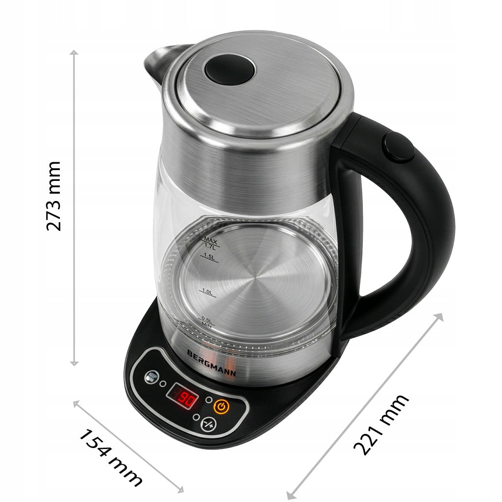 Glass electric kettle BERGMANN 1,7L 2200W control panel Black Packaging status original