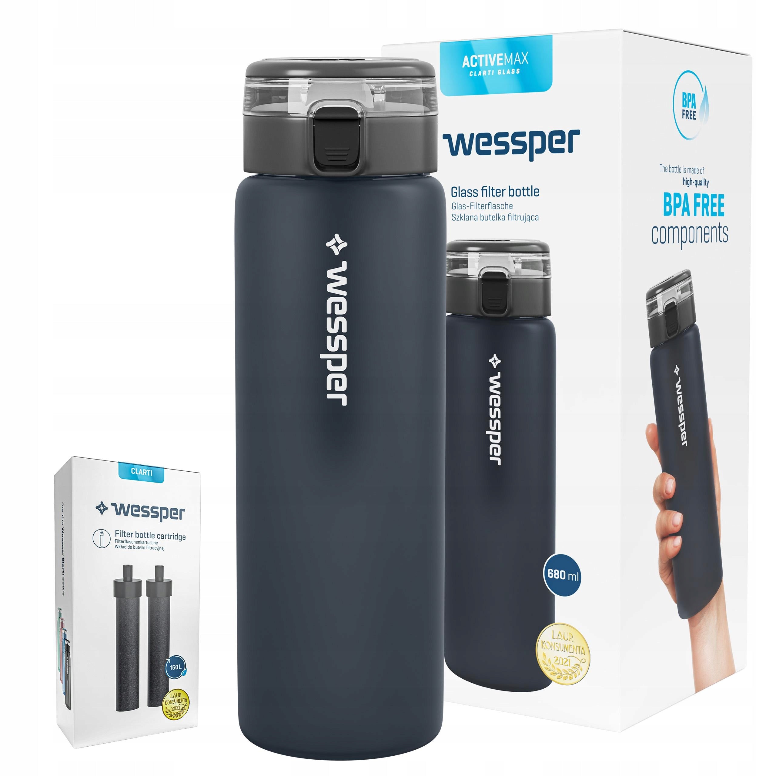 Glass filter bottle Wessper ActiveMax 0,68l graphite + 3x CARTRIDGE