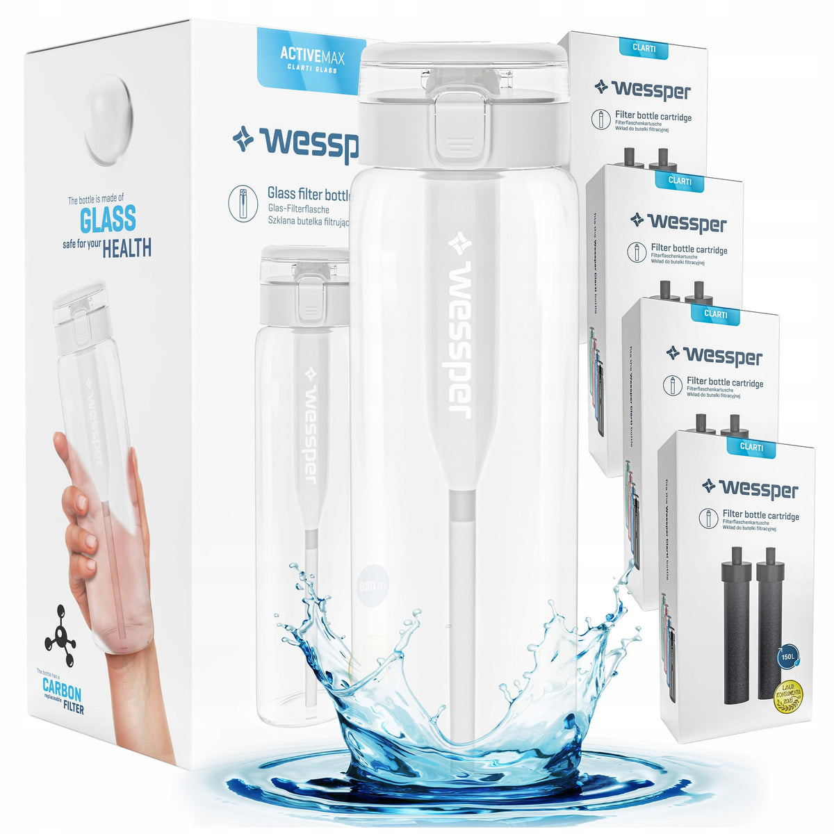 Glass filter bottle Wessper ActiveMax 0,68l transparent + 9x Cartridge