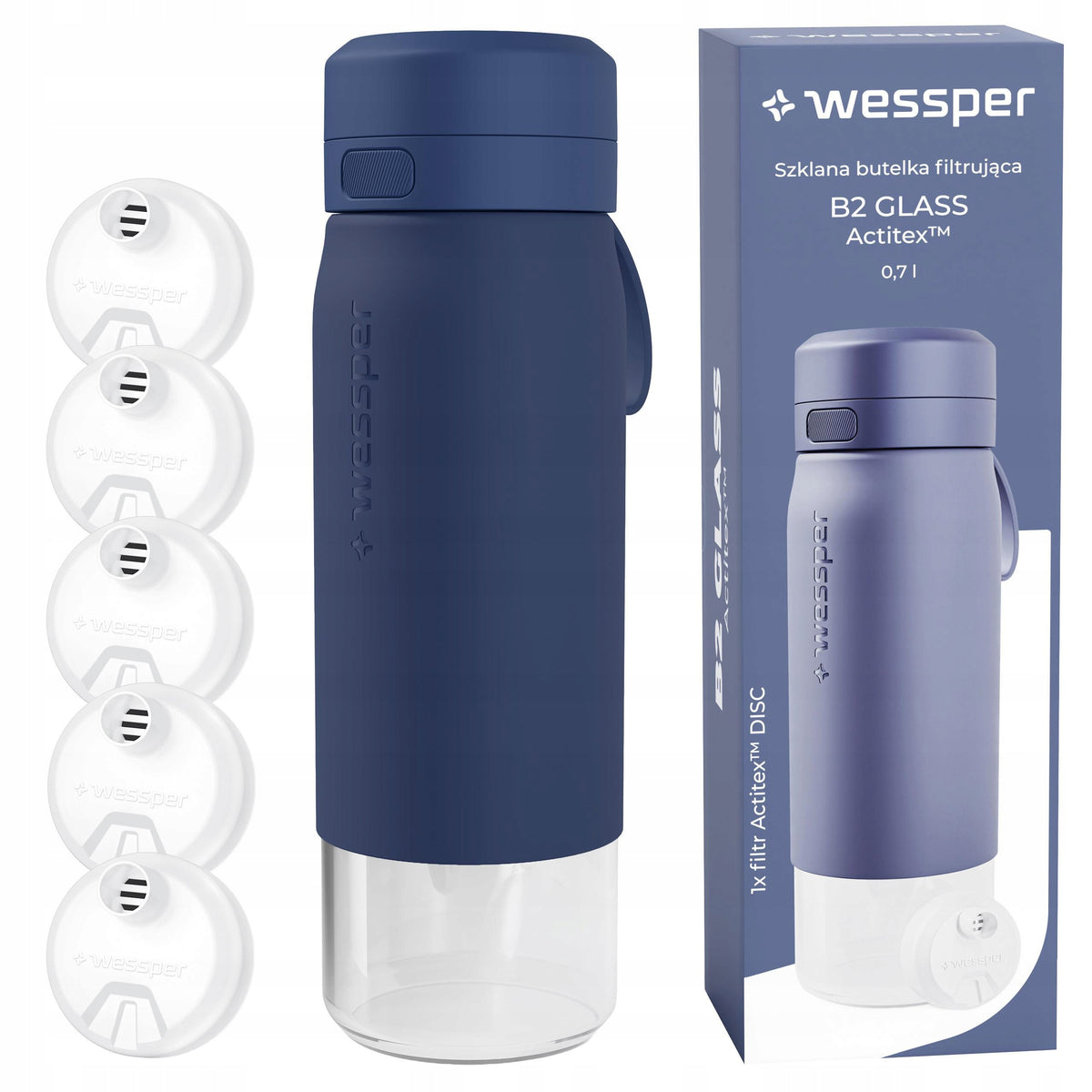 Glass filter bottle Wessper B2 Actitex water bottle 700ml +5x filter