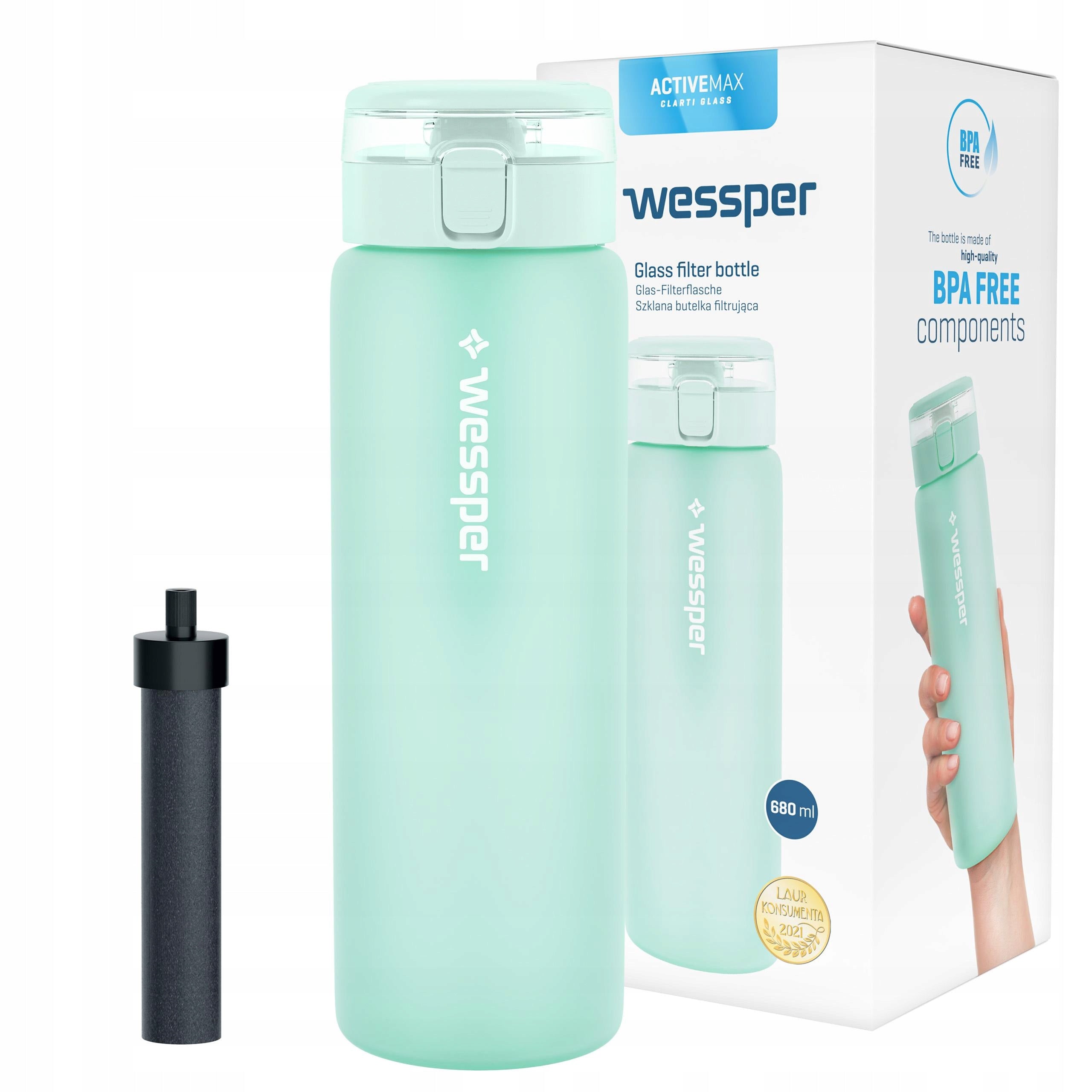 Glass filter bottle for school Wessper ActiveMax 0,68l + 1x CARTRIDGE