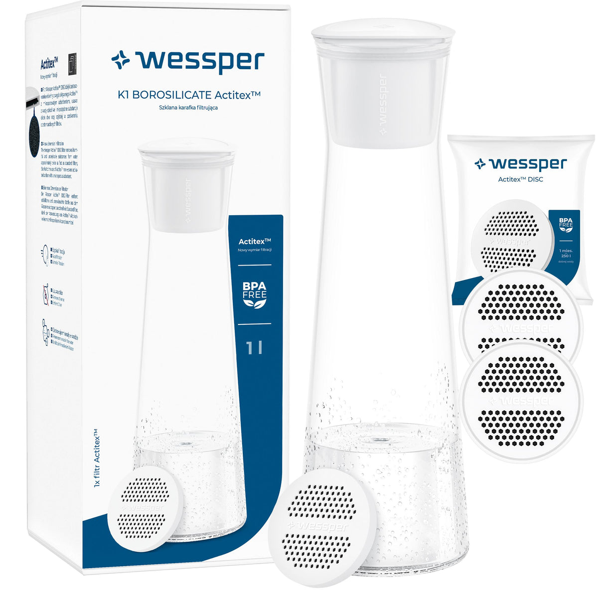 Glass filter carafe Wessper K1 BOROSCILICATE 1L + 3x water filter