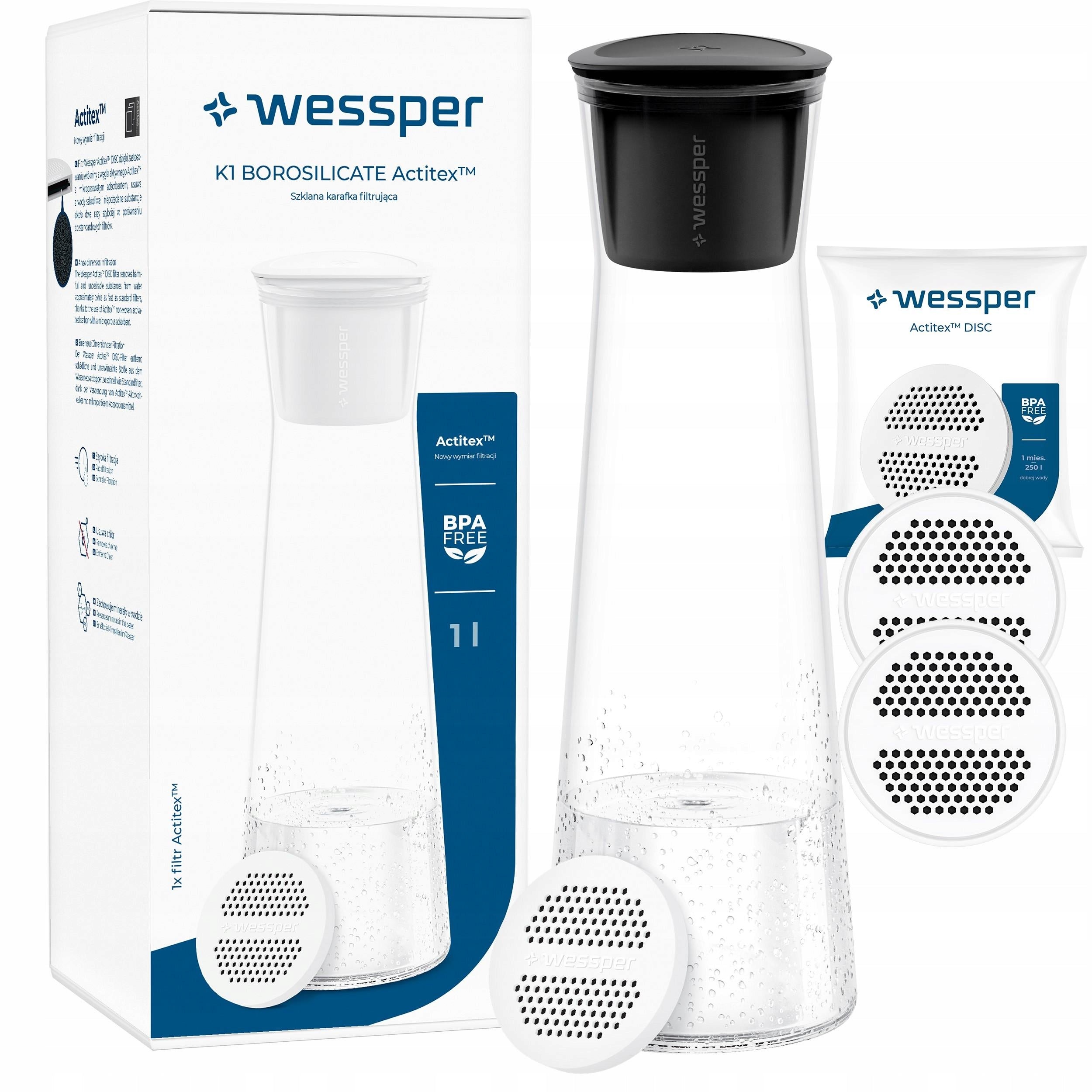 Glass filter carafe Wessper K1 BOROSCILICATE 1L + 3x water filter