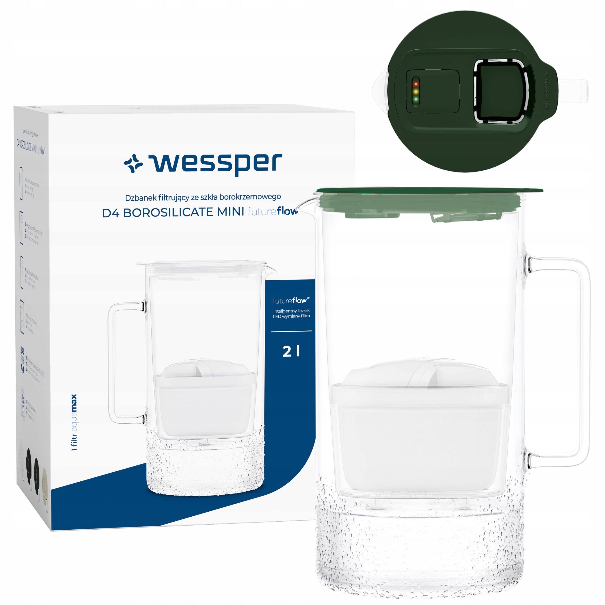 Glass filter jug 2L Wessper WES208-FF-GE MINI + filter indicator