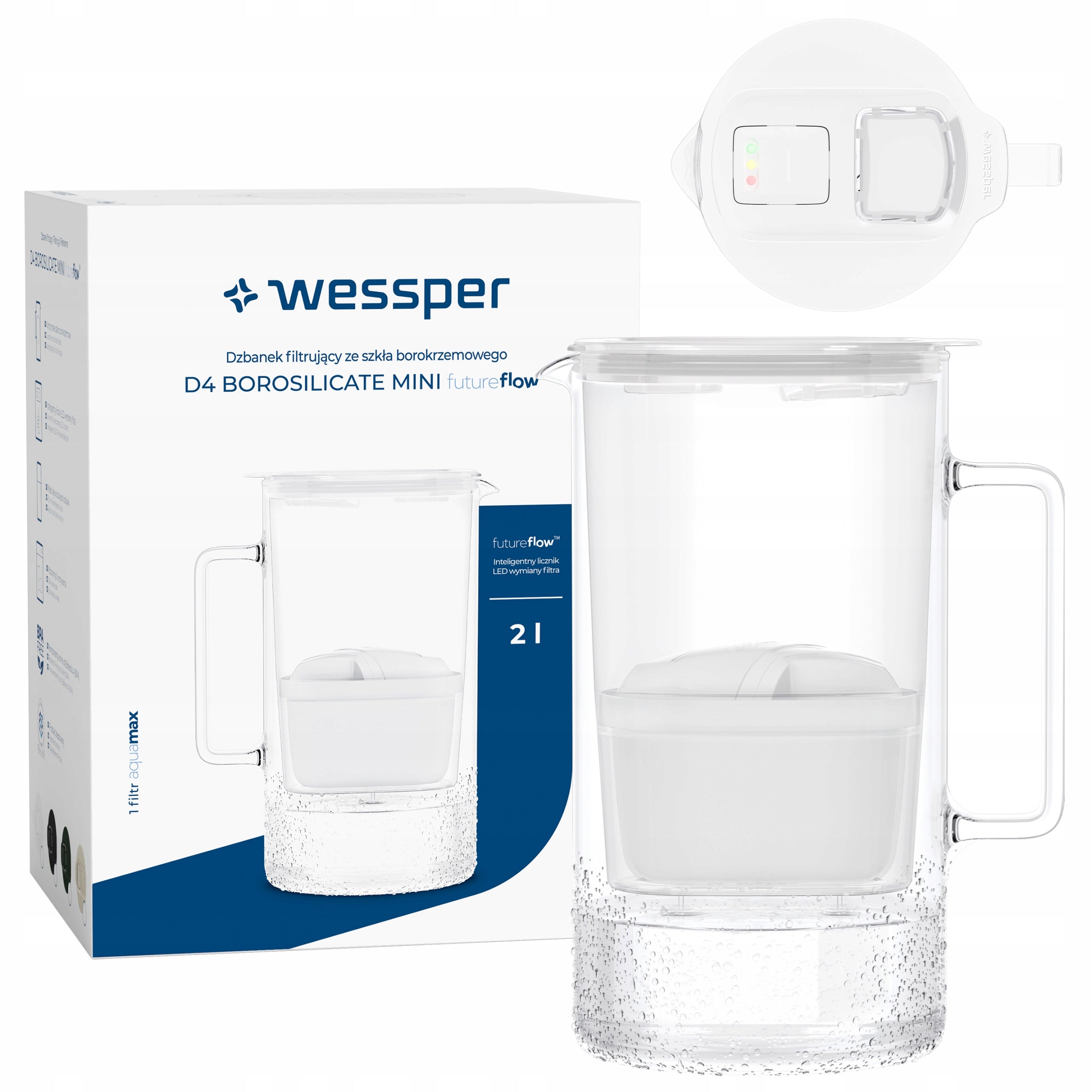 Glass filter jug 2L Wessper WES208-FF-WH MINI + filter indicator