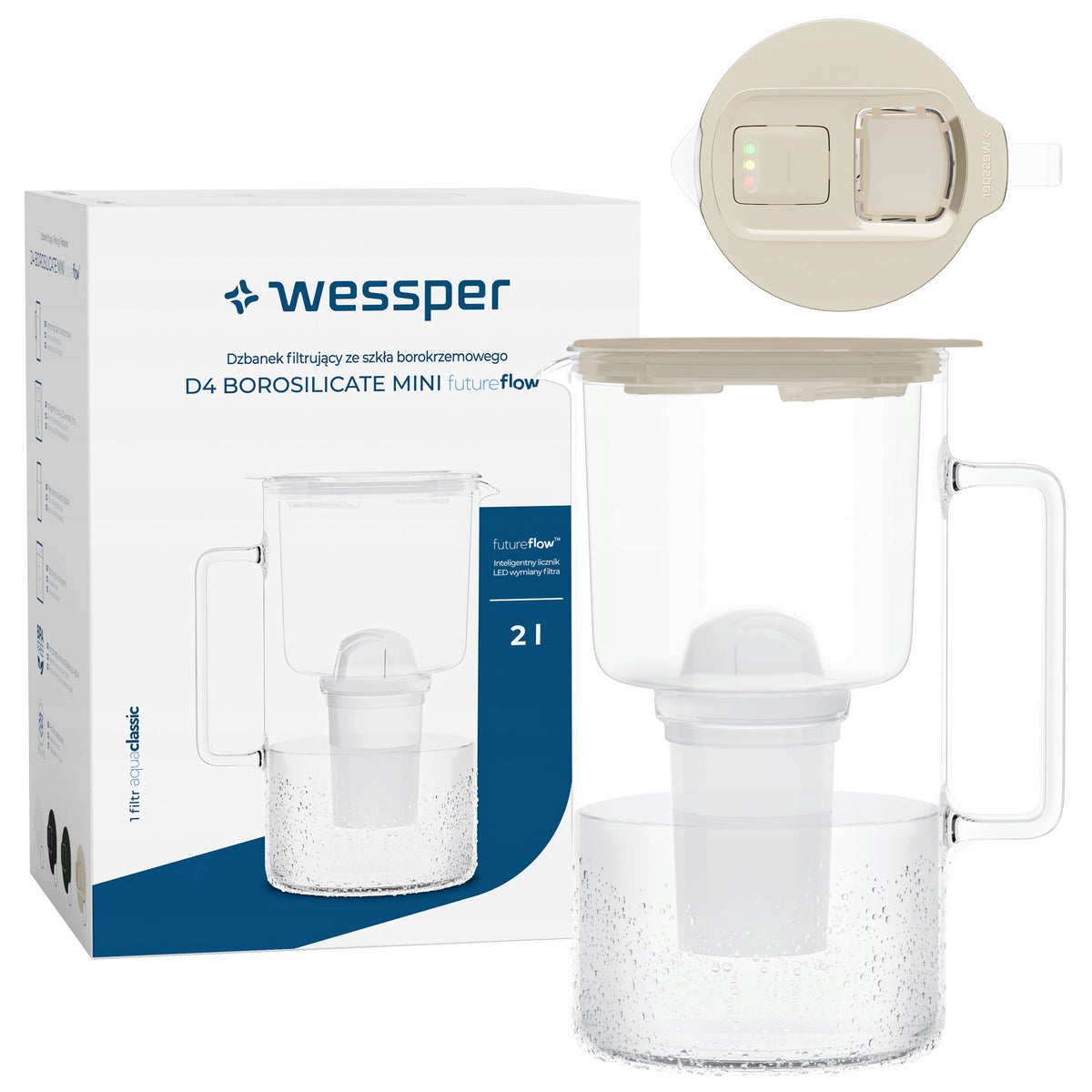 Glass filter jug 2L Wessper WES209-FF-BG MINI + LED filter