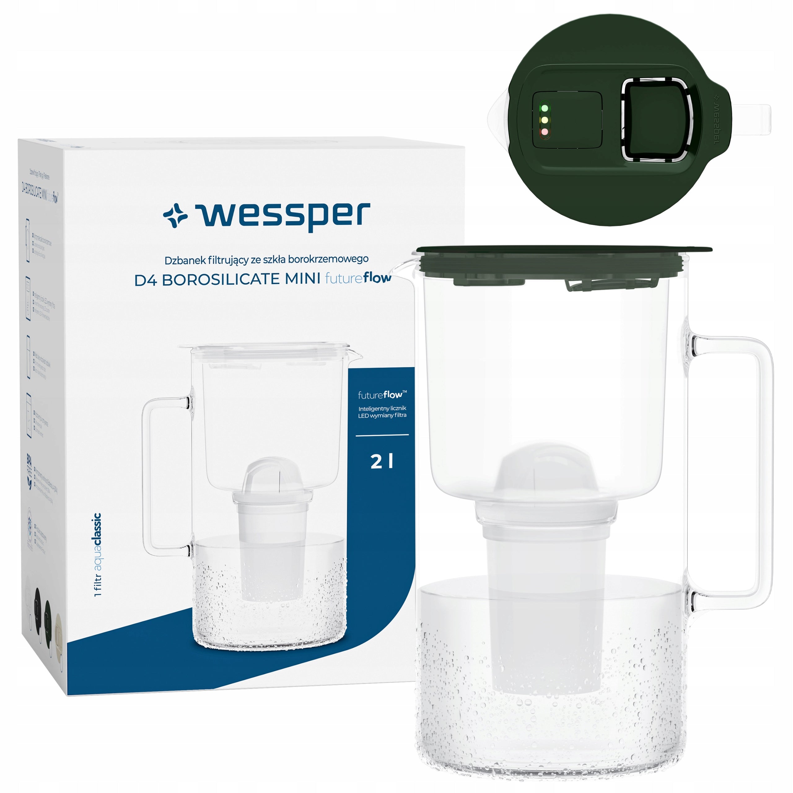 Glass filter jug 2L Wessper WES209-FF-GE MINI + LED filter