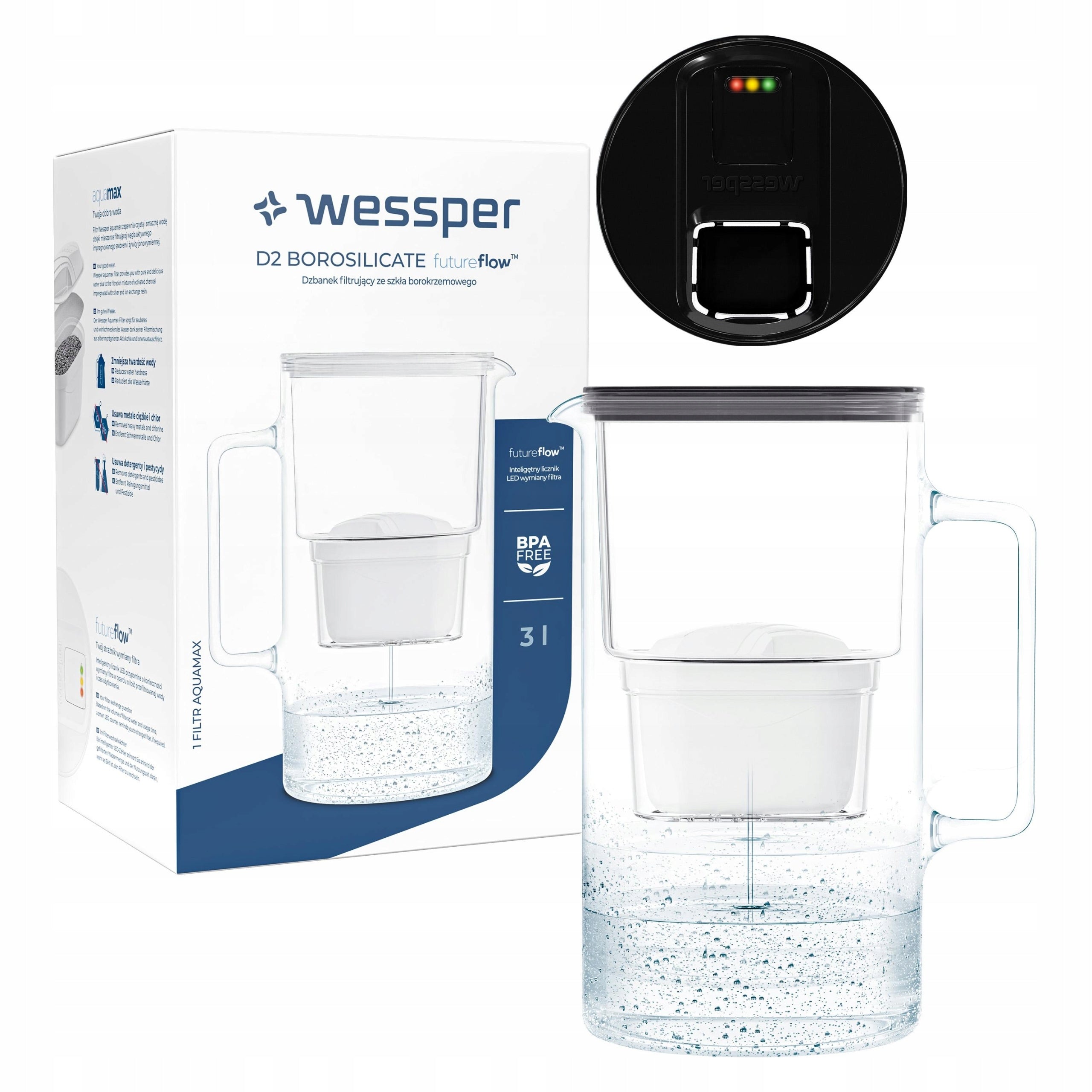 Glass filter jug 3l WESSPER BLACK WITH LED COUNTER + CARTRIDGE