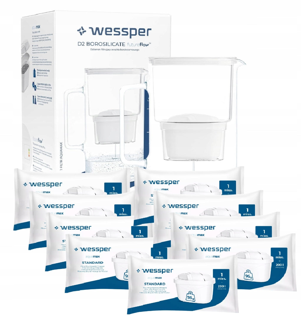 Glass filter jug 3l WESSPER D2 BOROSILICATE WHITE + 10X CARTRIDGE