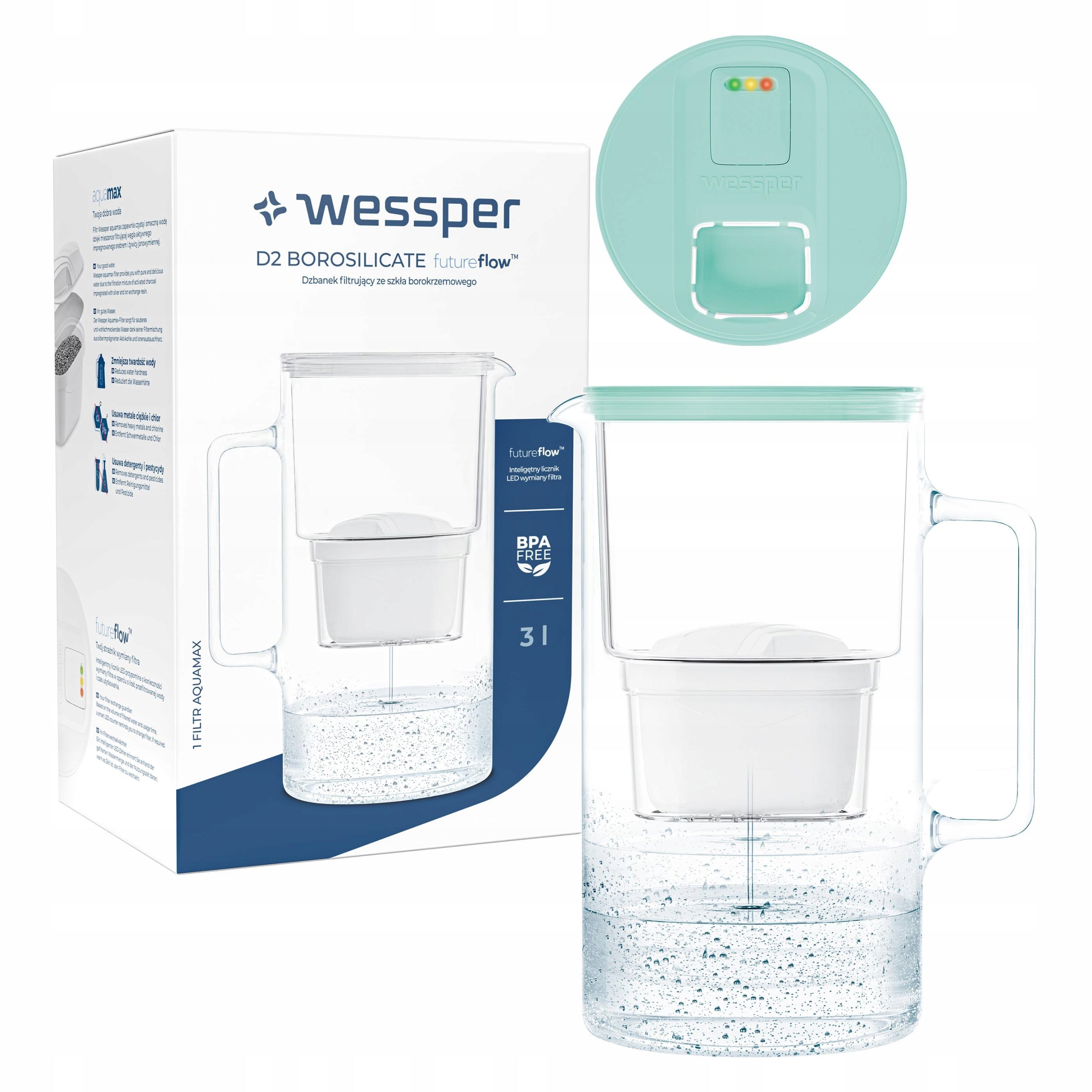 Glass filter jug 3l WESSPER Mint with LED COUNTER + CARTRIDGE