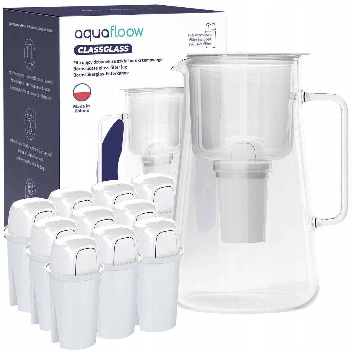Glass filter jug AquaFLoow ClassGlass 3l white + 11x filter cartridge