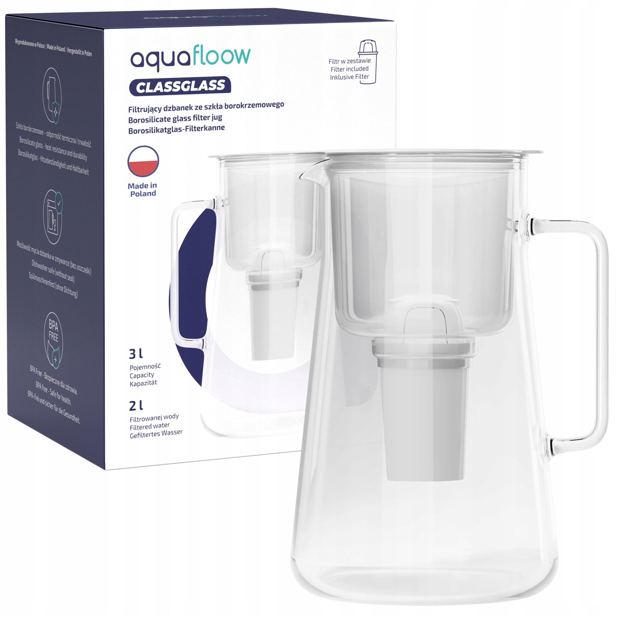 Glass filter jug AquaFloow ClassGlass 3 l white + Class filter