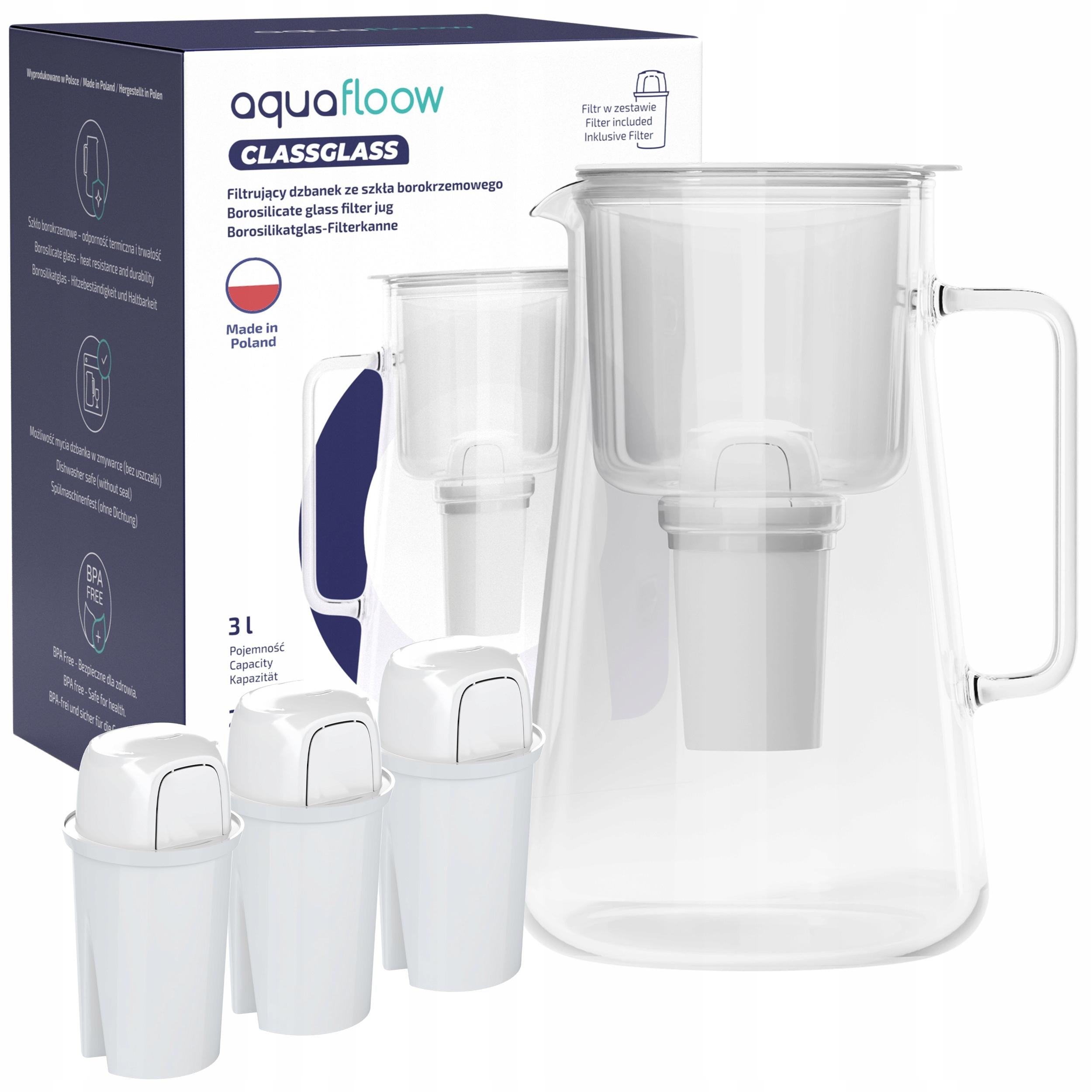 Glass filter jug AquaFloow ClassGlass 3l + 4x filter AquaFloow