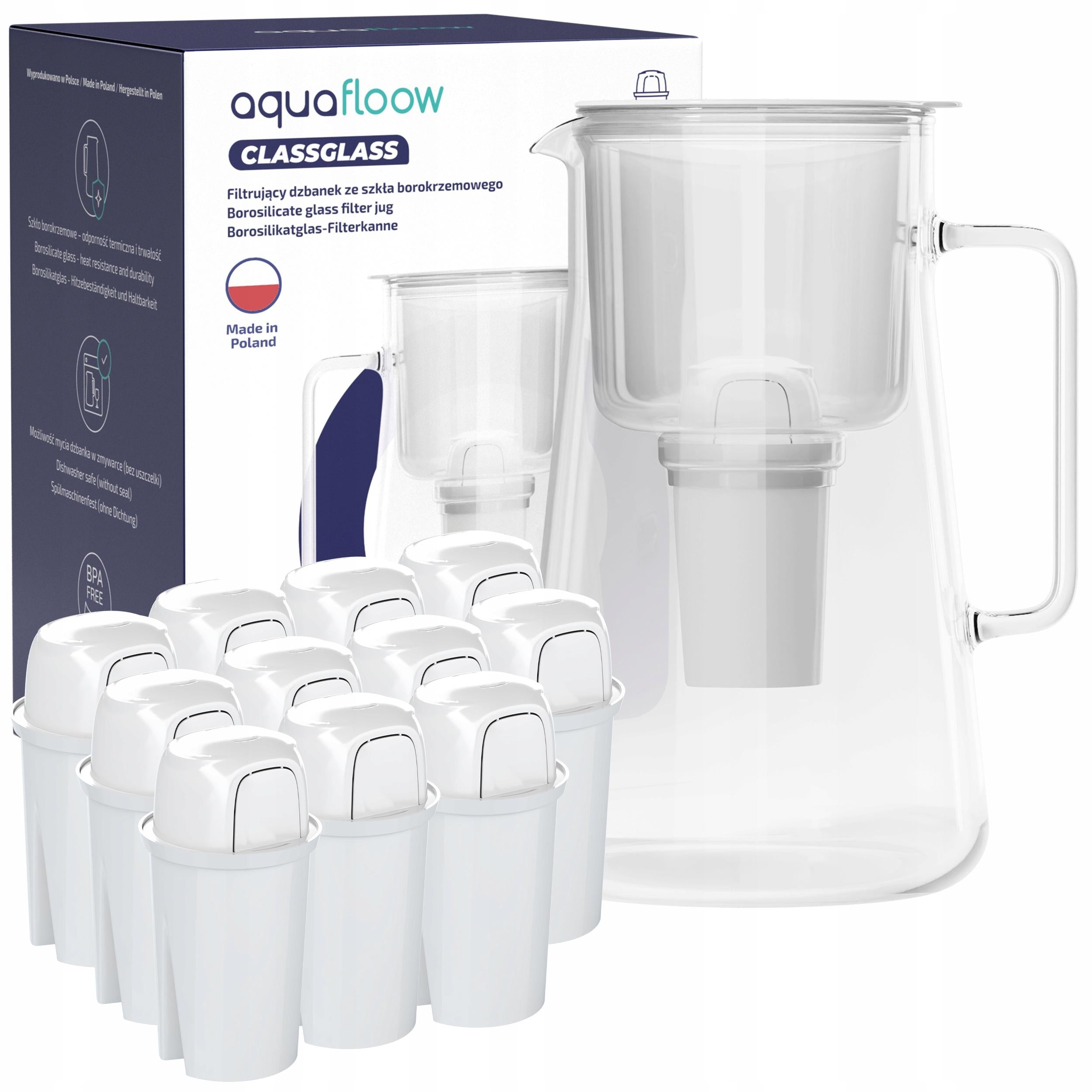 Glass filter jug AquaFloow ClassGlass 3l white + 12x water filter