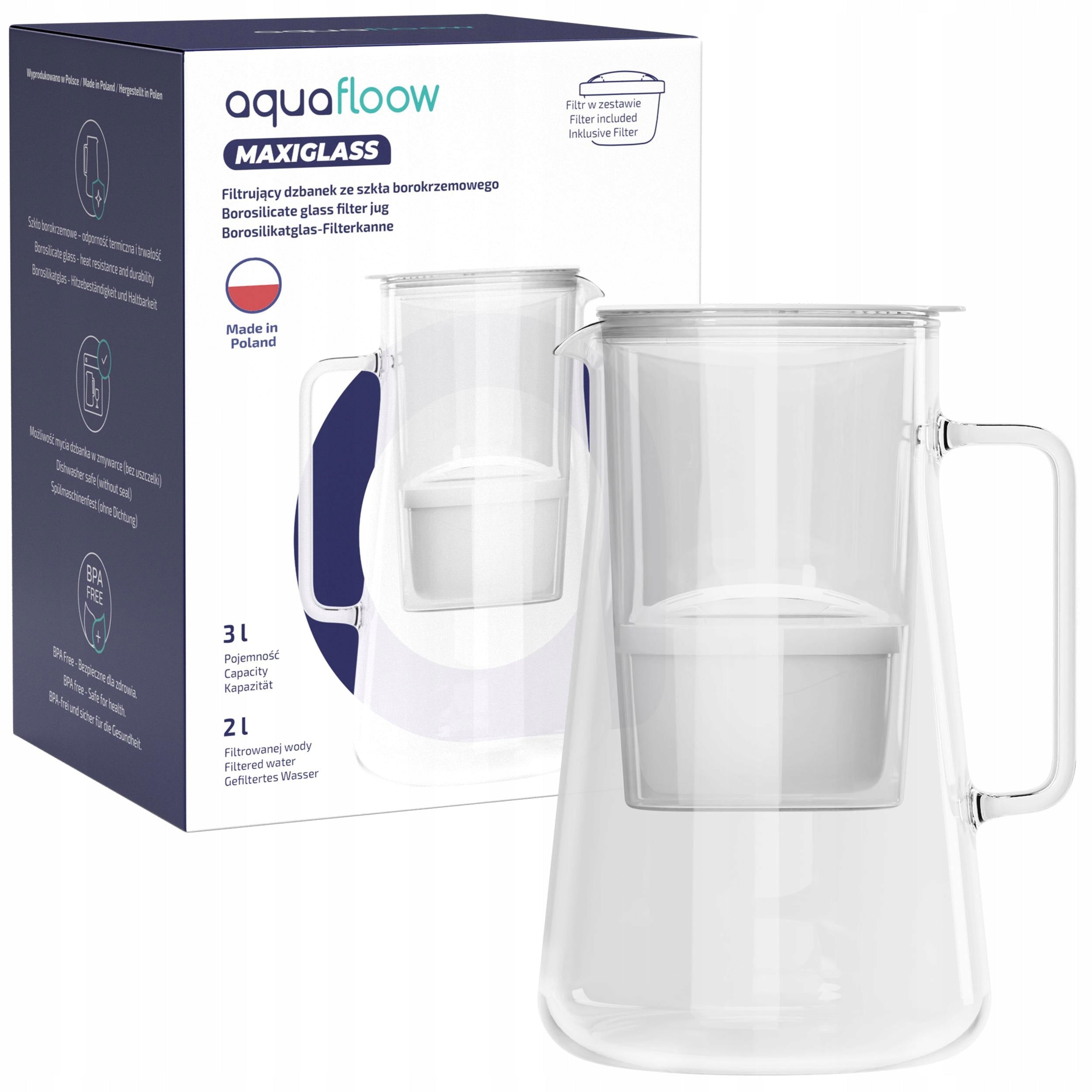 Glass filter jug AquaFloow MaxiGlass 3l + water filter Maxi