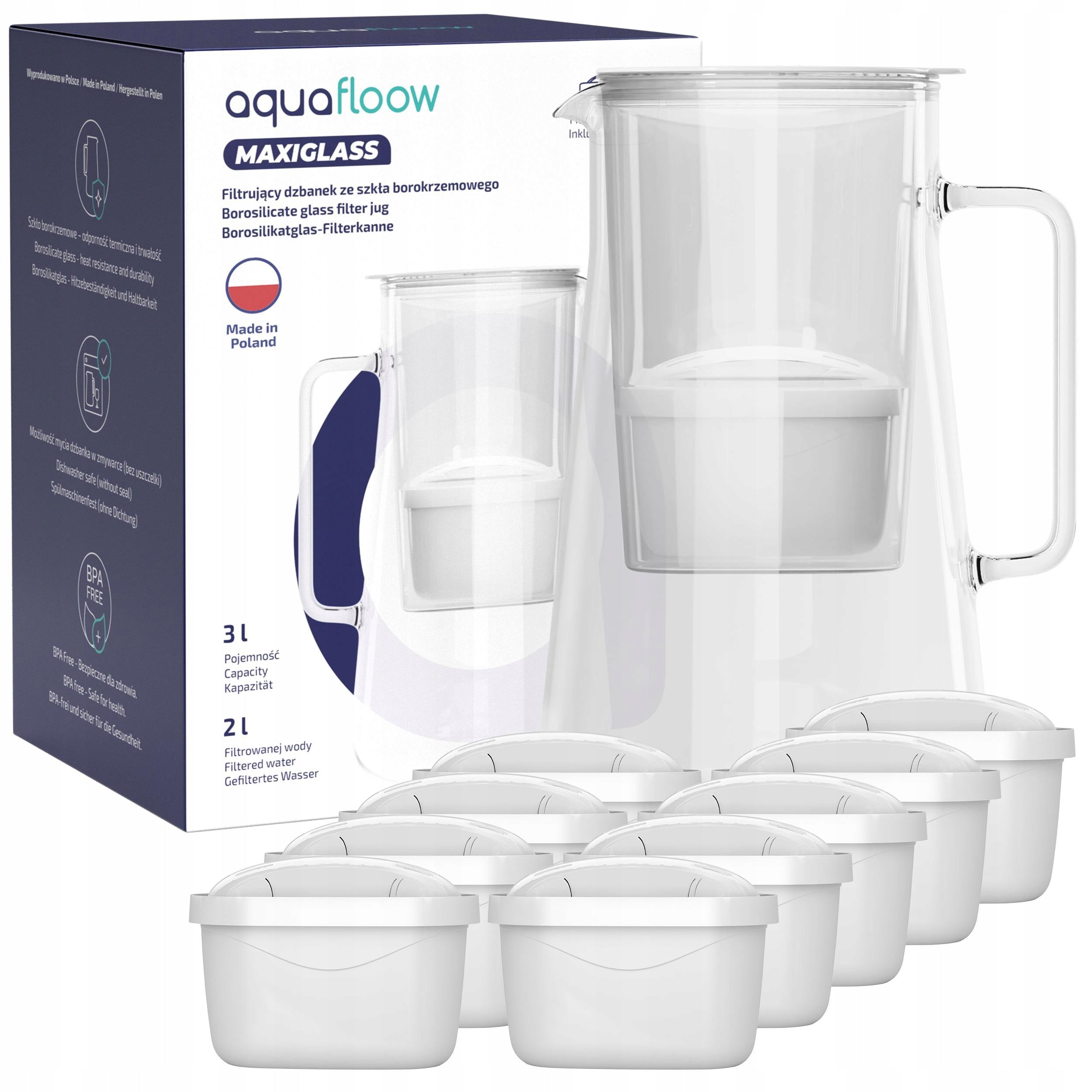 Glass filter jug AquaFloow MaxiGlass 3l white + 10x water filter