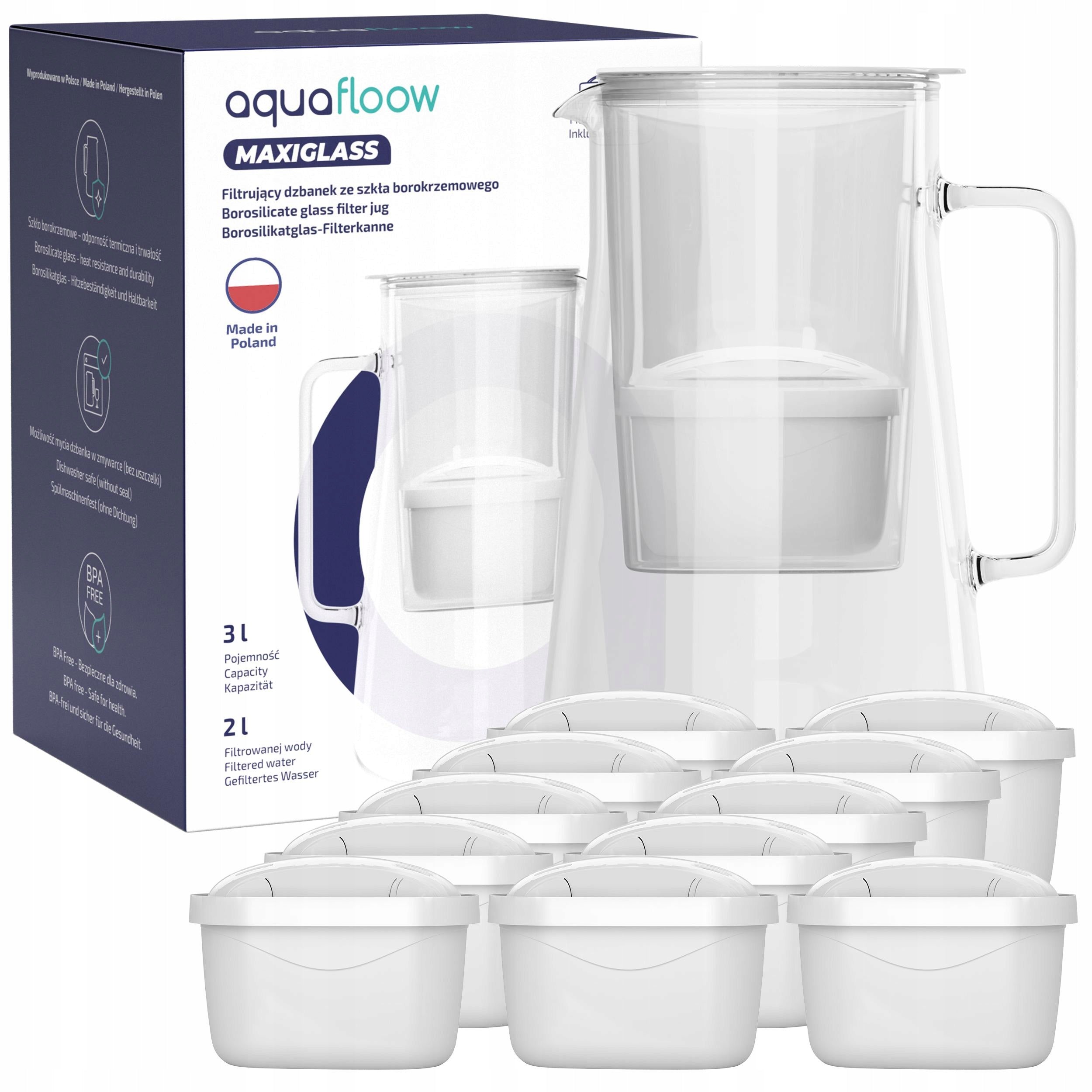 Glass filter jug AquaFloow MaxiGlass 3l white + 12x water filter