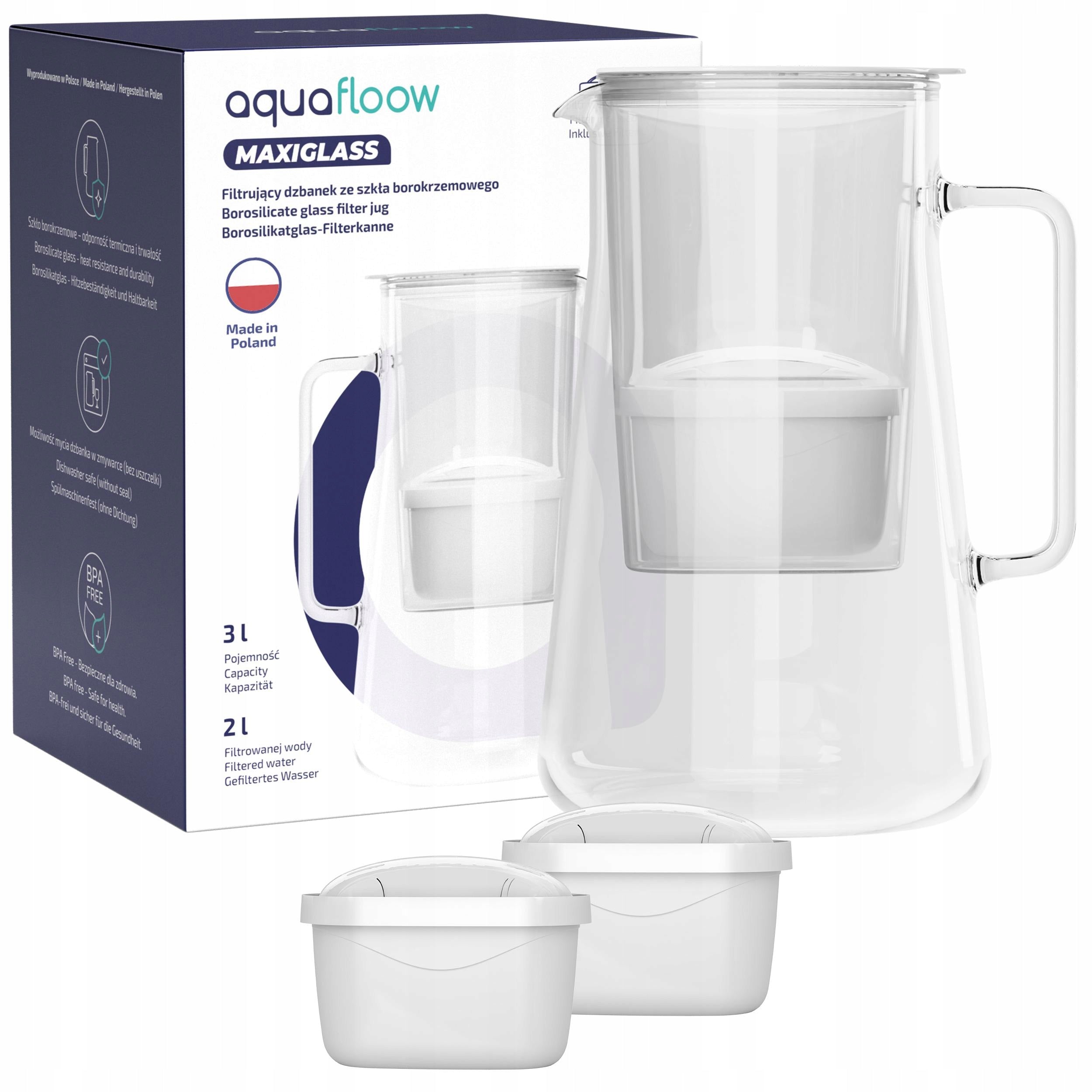 Glass filter jug AquaFloow MaxiGlass 3l white + 3x filter