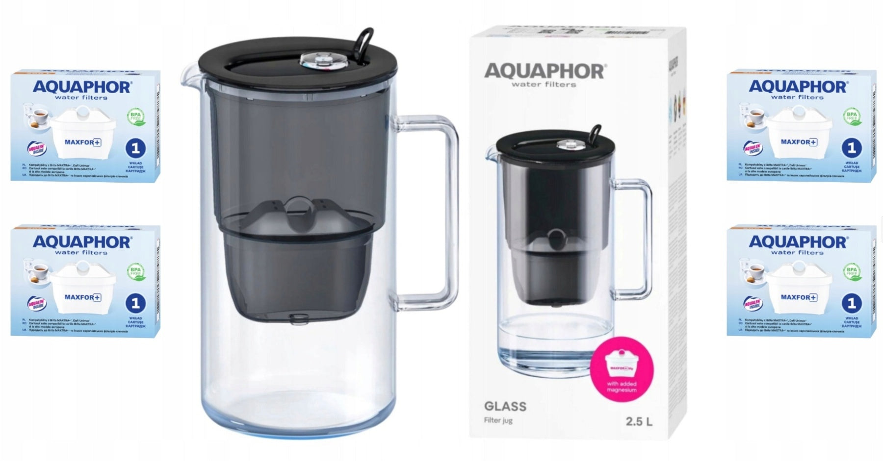 Glass filter jug Aquaphor Glass 2,5l +4 Maxfor+, BLACK