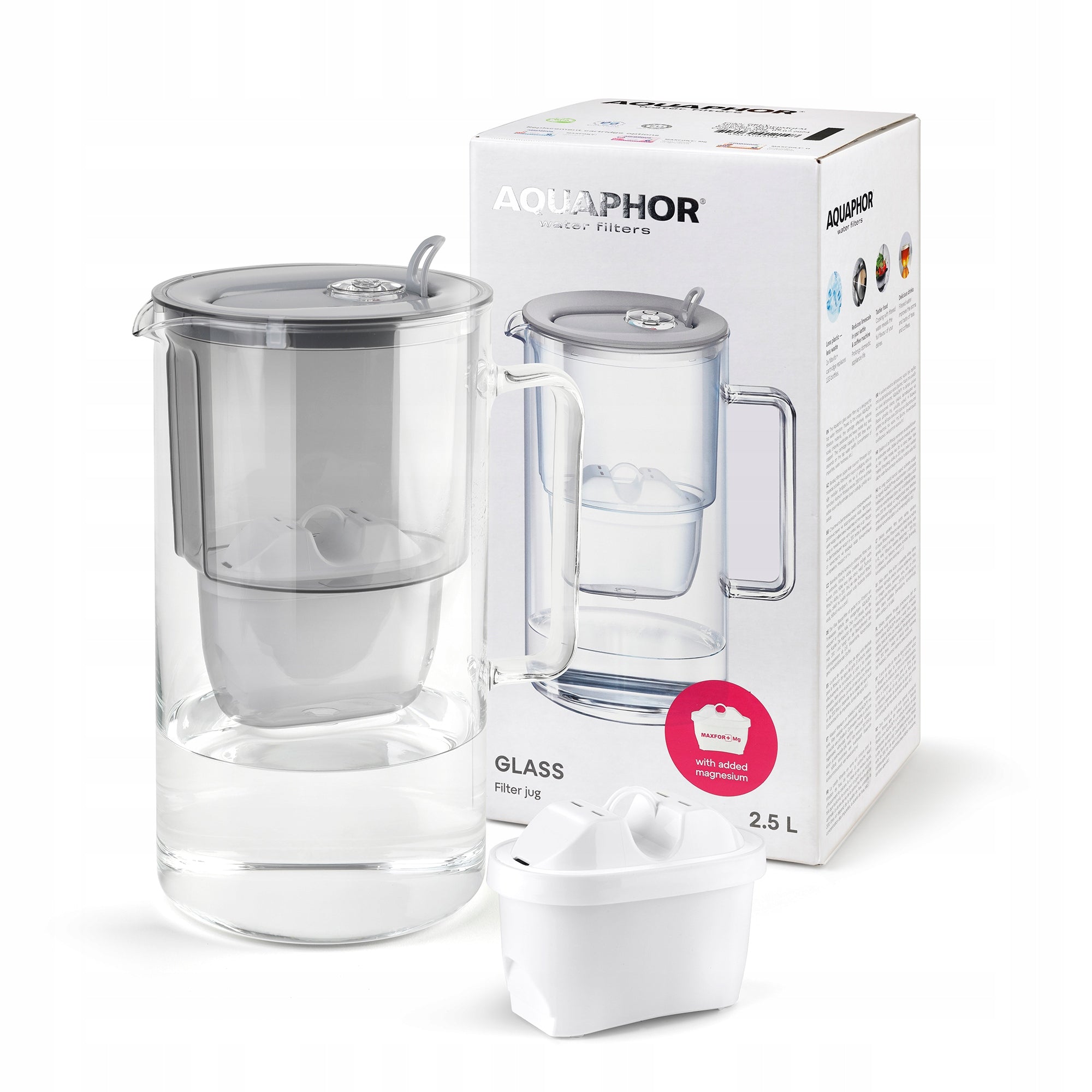 Glass filter jug Aquaphor Glass Grey + 10 Cartridges Filters Maxfor Packaging status original