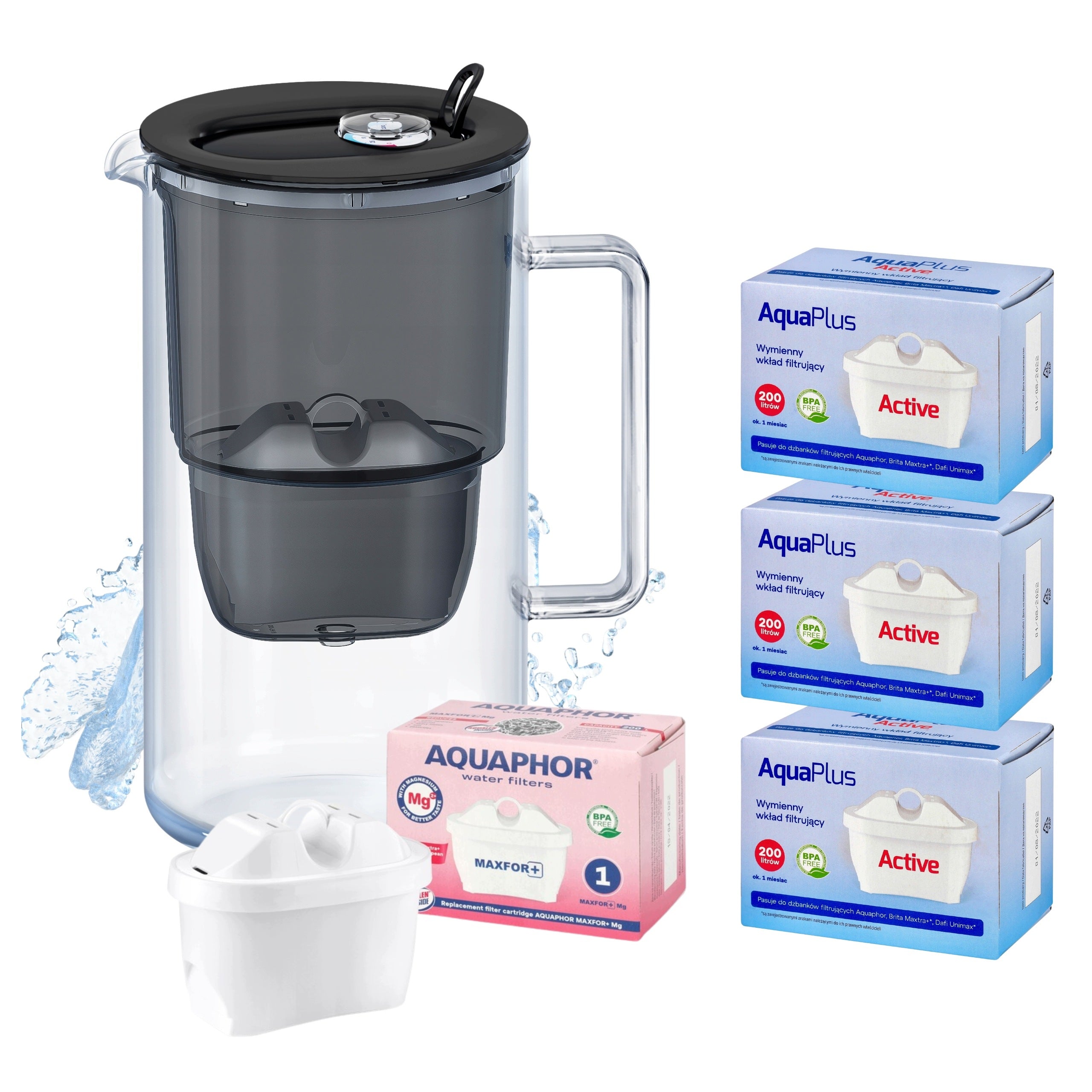 Glass filter jug Aquaphor Glass black + 4 filters (1Mg + 3x AP)