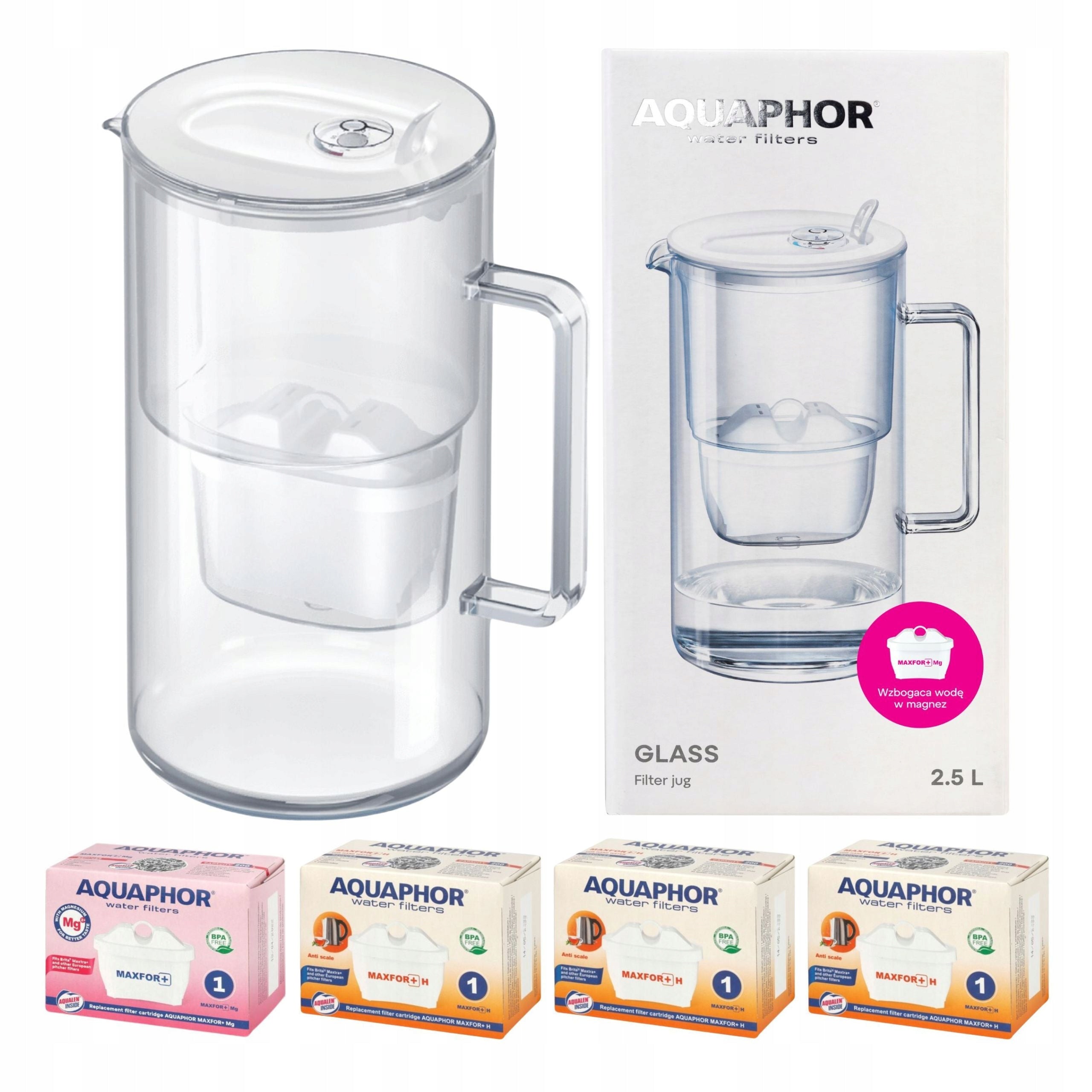 Glass filter jug Aquaphor Glass white + 4 filters (1Mg+3H)