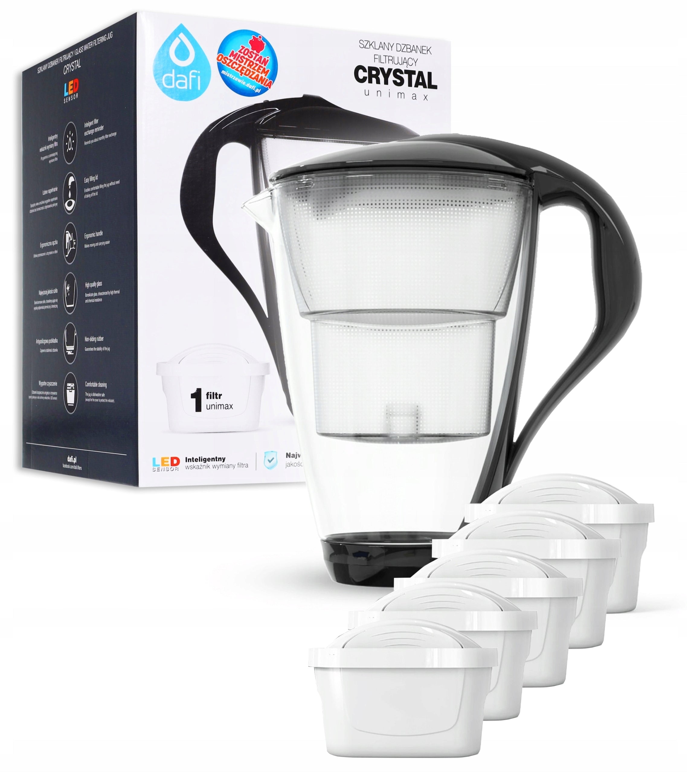 Glass filter jug Dafi CRYSTAL LED black 6 Unimax cartridges Manufacturer code D.FO.DAFI.SZKLANY.LED.UM.CZARNY.P-6