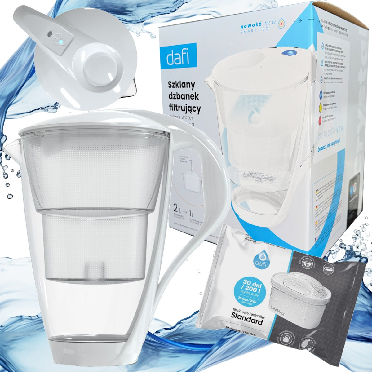 Glass filter jug Dafi Crystal LED + 1 UNIMAX filter white Manufacturer code CRYSTAL 2L LED WHITE UNIMAX