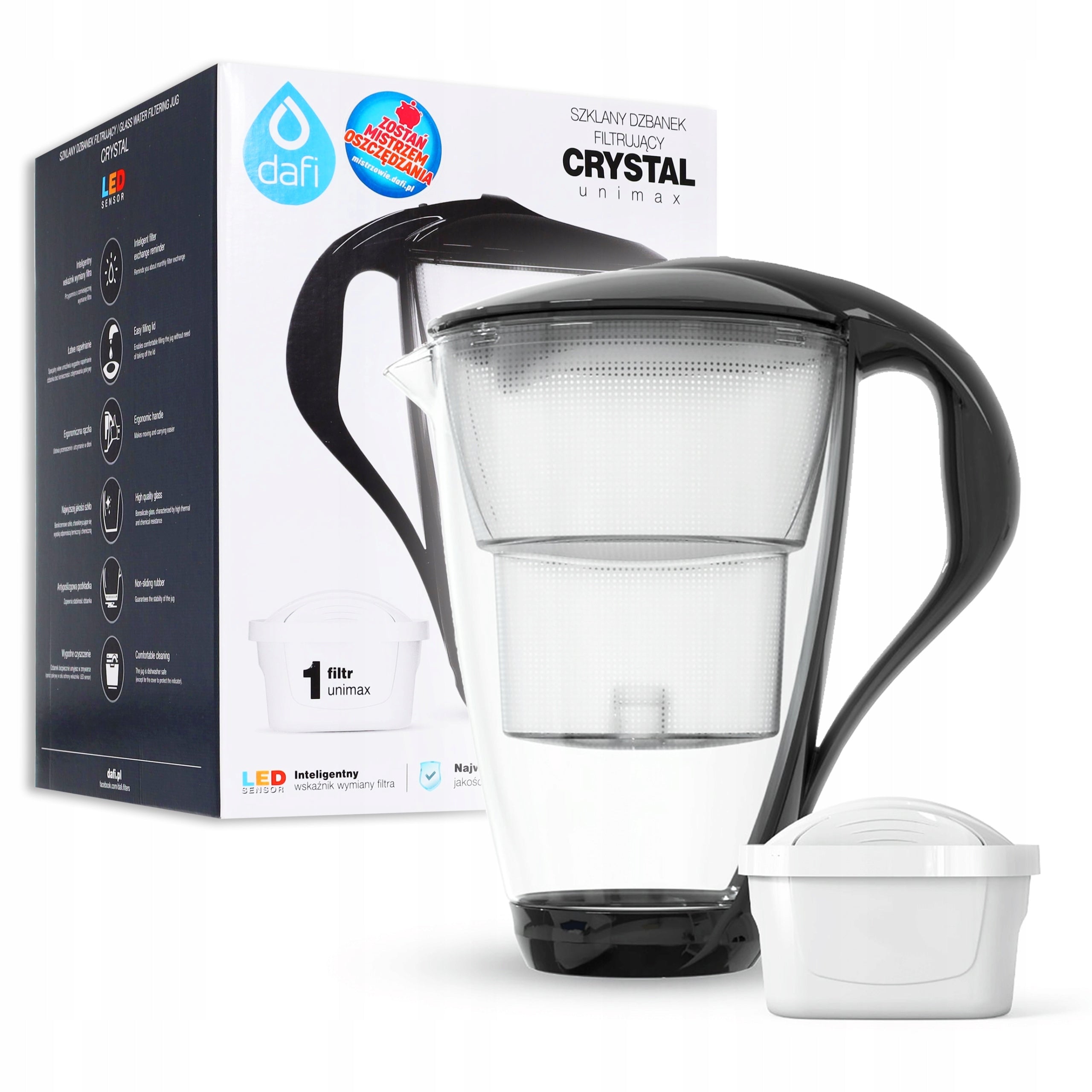 Glass filter jug Dafi Crystal LED + 1 filter UNIMAX BLACK