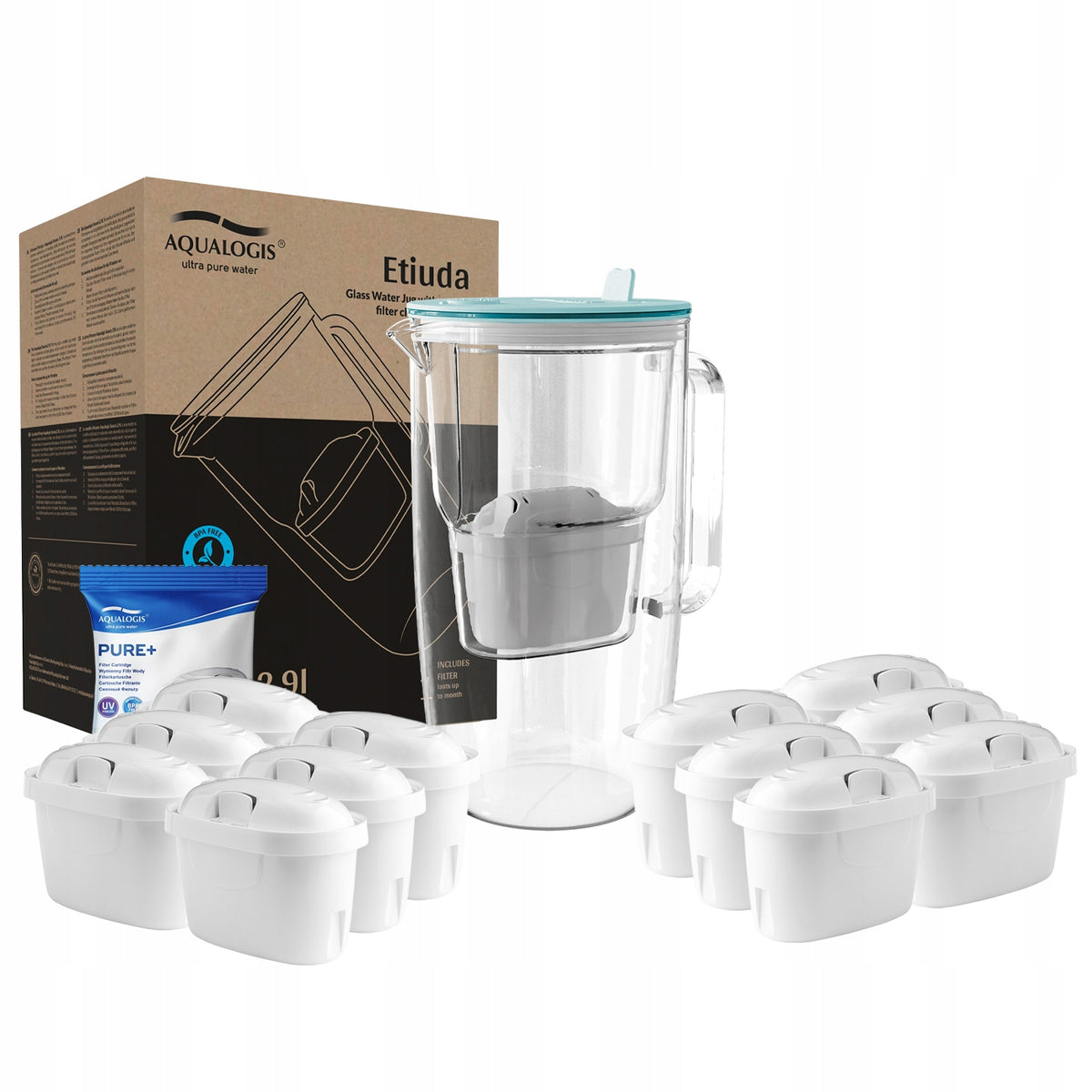Glass filter jug Etiuda Blue + 12 Pure+ cartridges