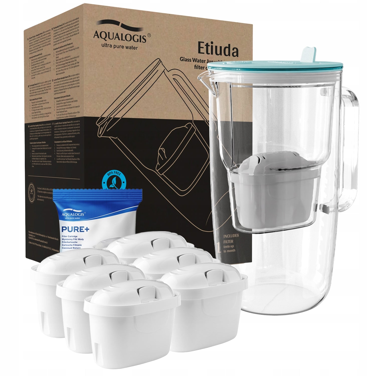 Glass filter jug Etiuda Blue + 6 Pure+ cartridges