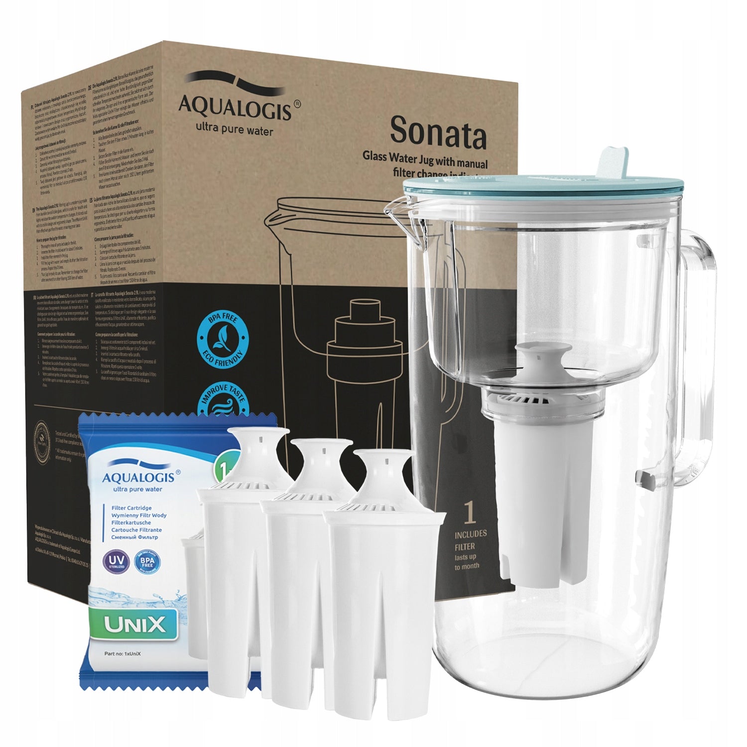 Glass filter jug Sonata 2.9L Blue + 3 UniX cartridges