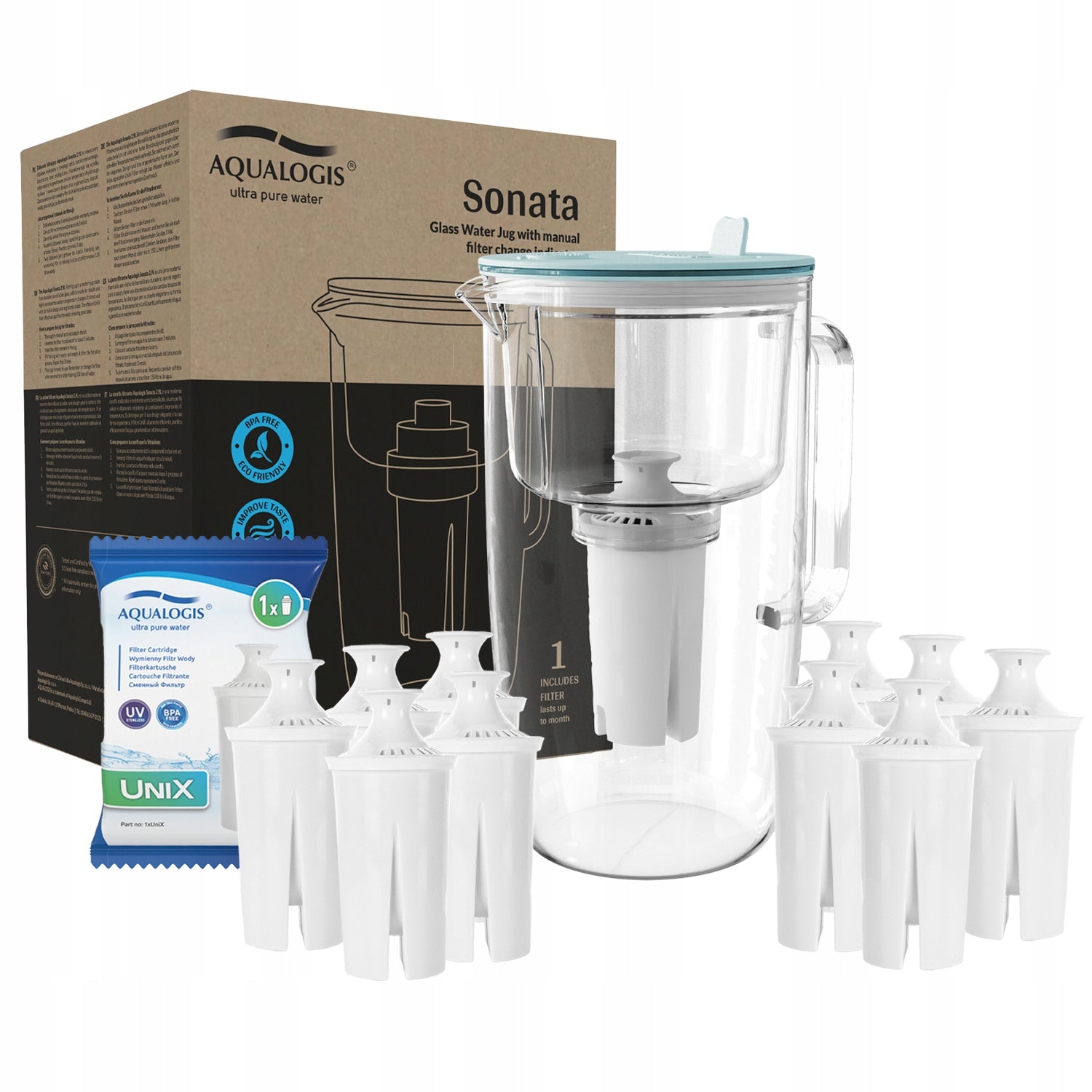 Glass filter jug Sonata Blue + 10 UniX cartridges